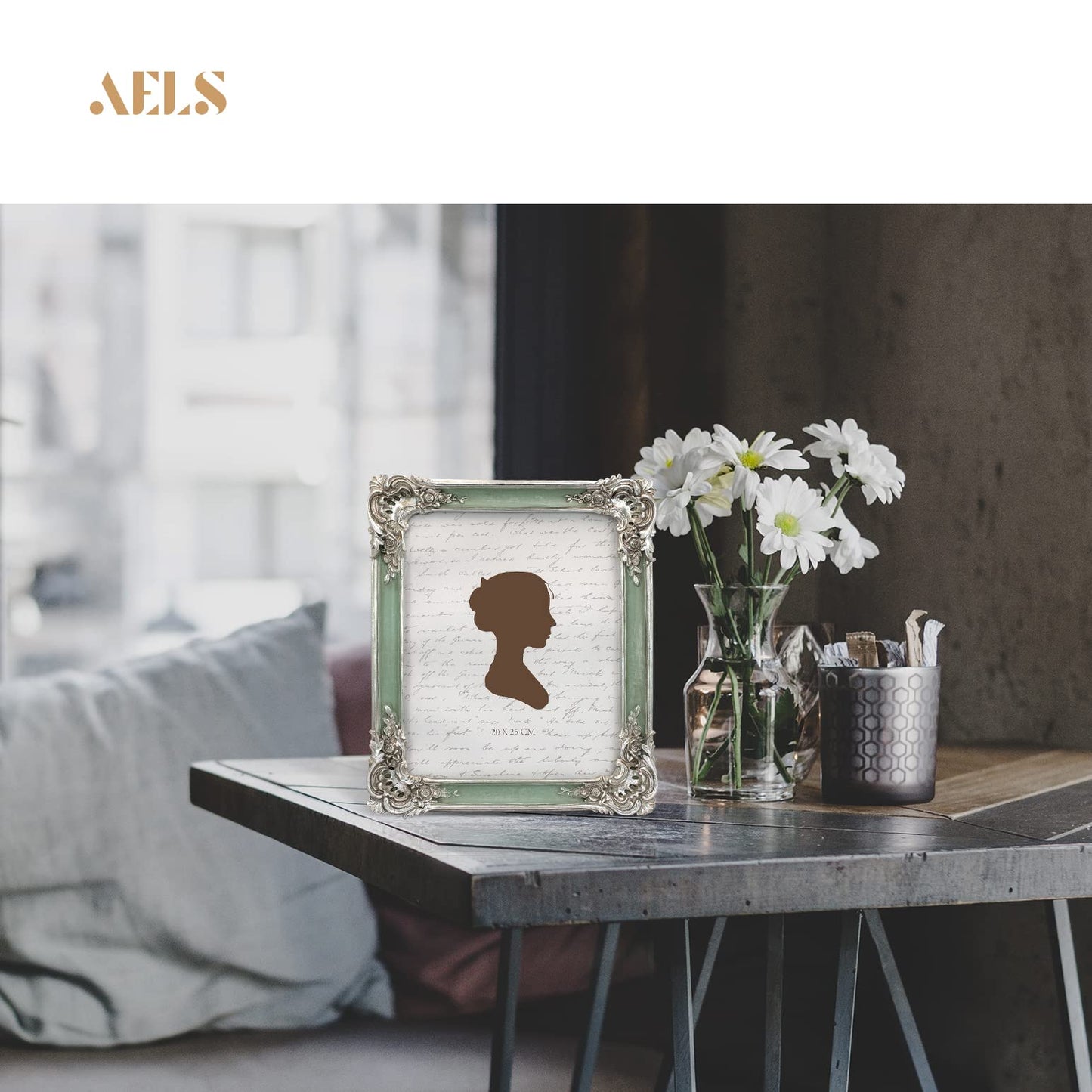 AELS 5x7 Inch Vintage Picture Frame, Elegant Antique Photo Frames with Glass Front, Photo Display, Tabletop Wall Hanging, Gift Ideas, Silver and Green