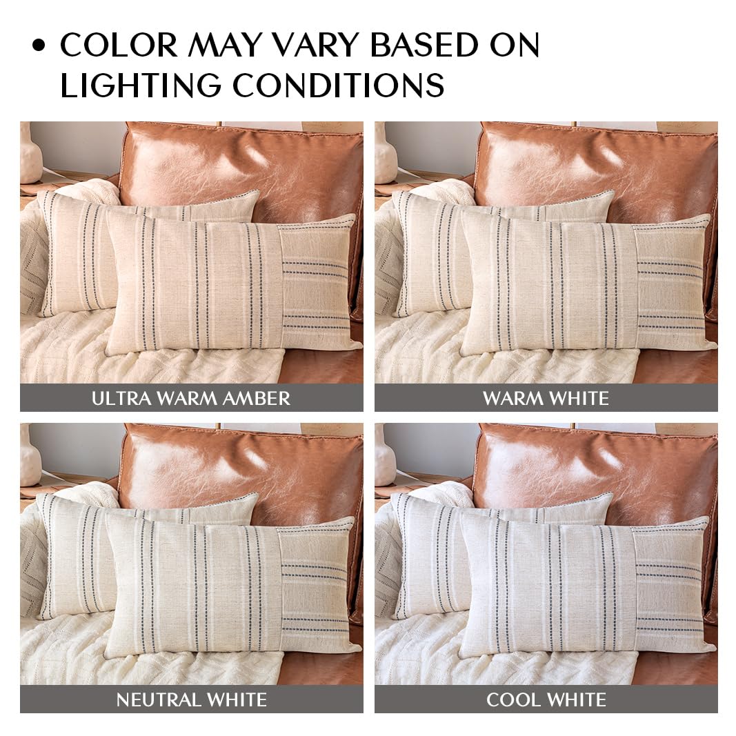 AELS 12x20 Decorative Farmhouse Linen Throw Pillow Covers, Boho Rectangle Lumbar Pillow Case, Set of 2, Beige with White & Gray Stripe Patchwork Cushion Cover for Sofa Couch Living Room (Cover ONLY)