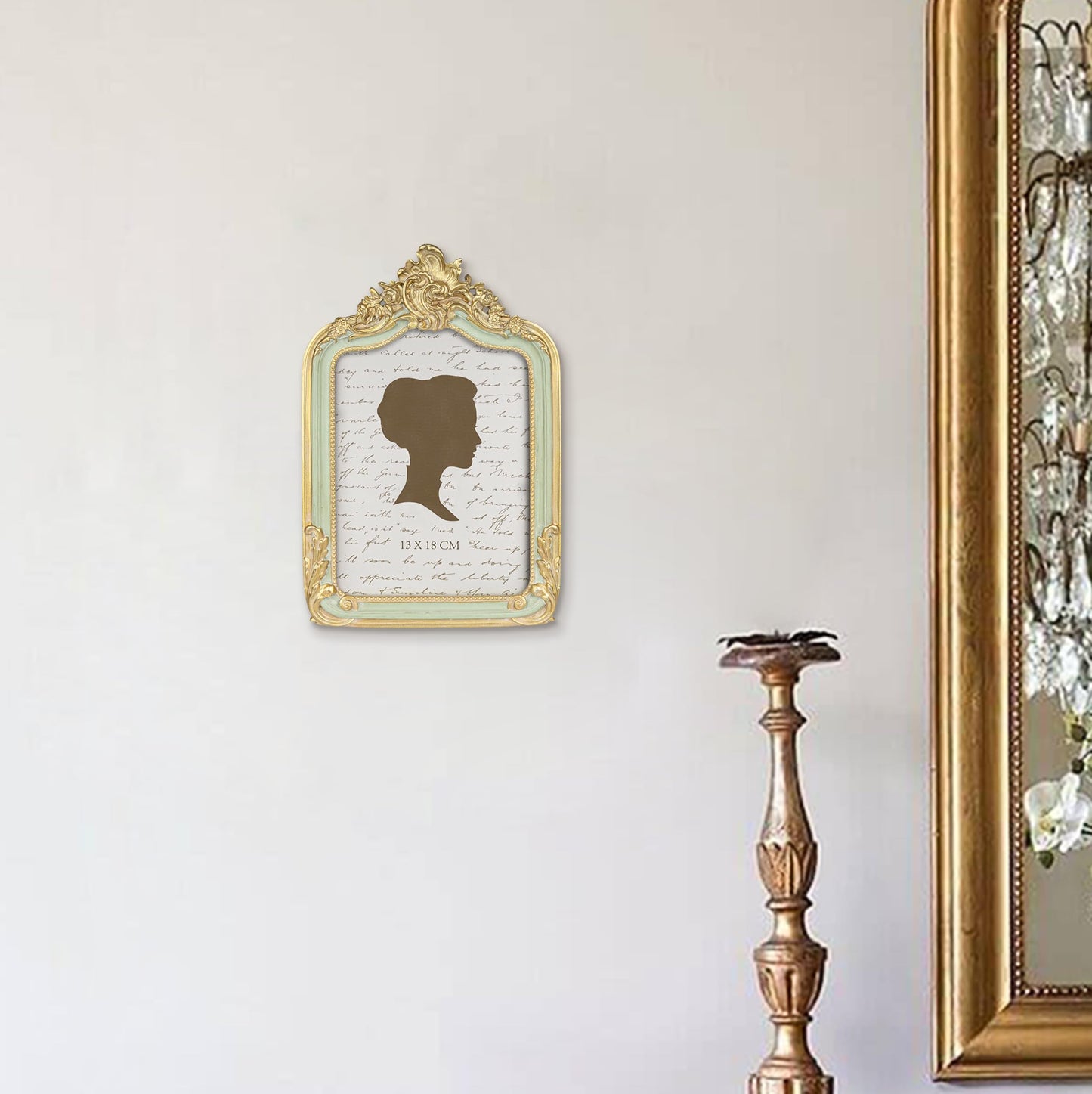 AELS 5x7 Inch Vintage Picture Frame, Elegant Antique Photo Frames with Glass Front, Photo Display, Tabletop Wall Hanging, Gift Ideas, Gold and Sage Green