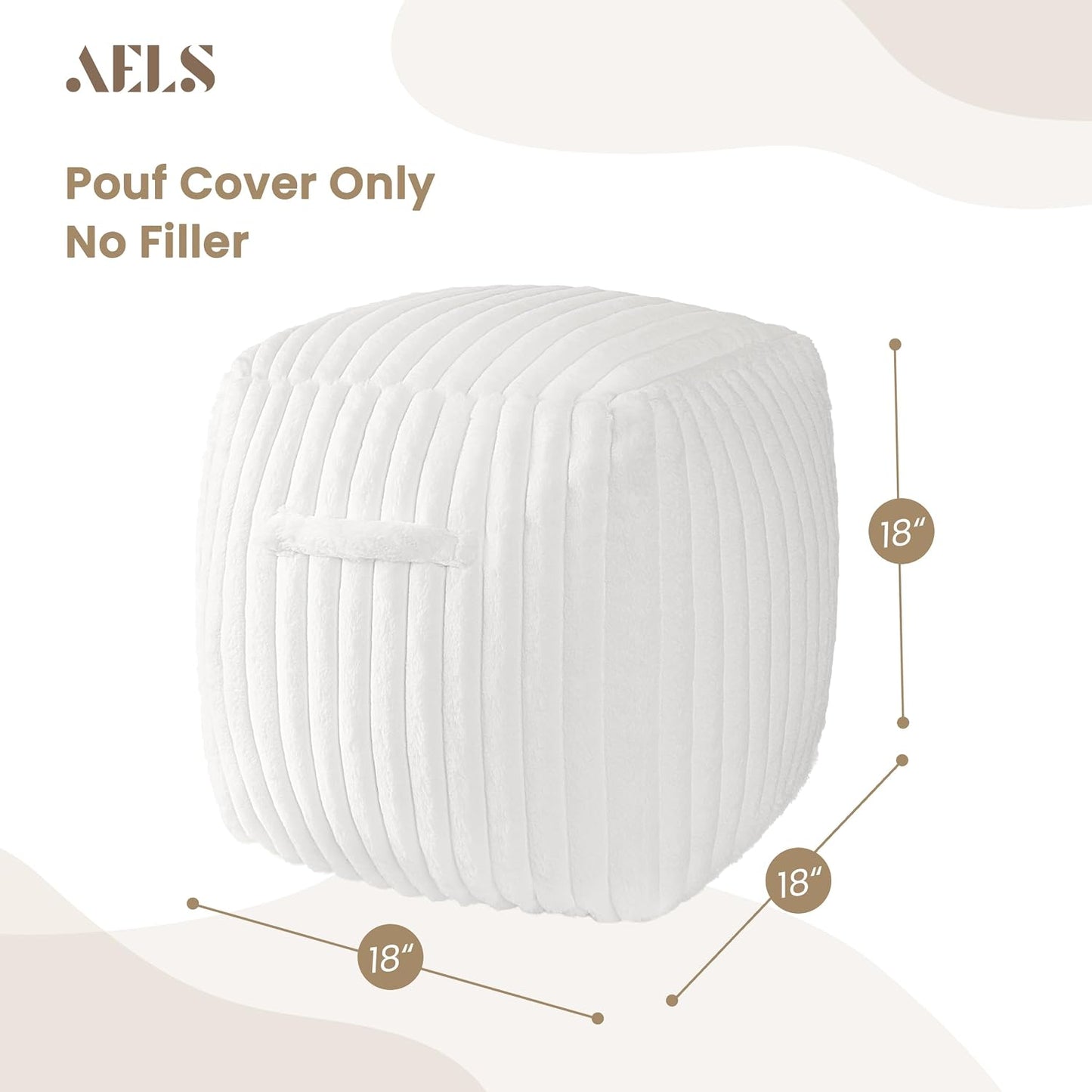 Unstuffed Modern Pouf Cover for Living Room, Mid Century Modern Storage Bean Bag Cubes, Creamy White Faux Fur Plush Sripe Square Ottoman Pouf Foot Rest Footstool, 18"x18"x18", Cover ONLY