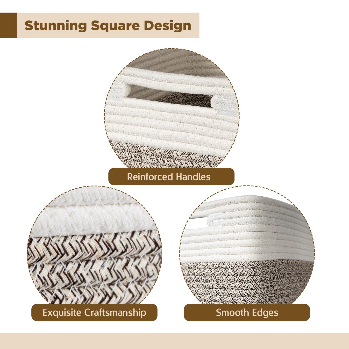Hand Woven Cotton Basket for Storage, Cube Storage Bins with Handles, Foldable Collapsible Closet Organizers and Storage, Boho Farmhouse Storage Cubes for Shelves, Beige