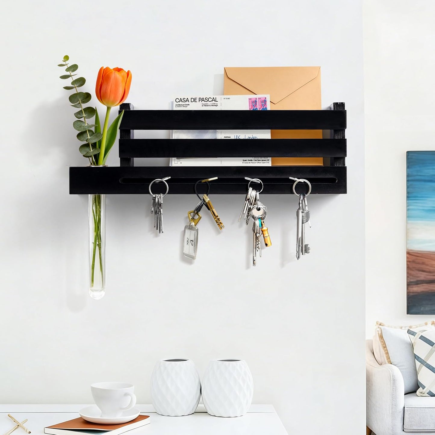 Black Wall Mounted Key Holder with Acrylic Vase & Mail Organizer, Wooden Entryway Key Rack with 5.9" Test Tube Vase, Decorative Key Hanger with Slot for Keys and Letters, Gift Idea
