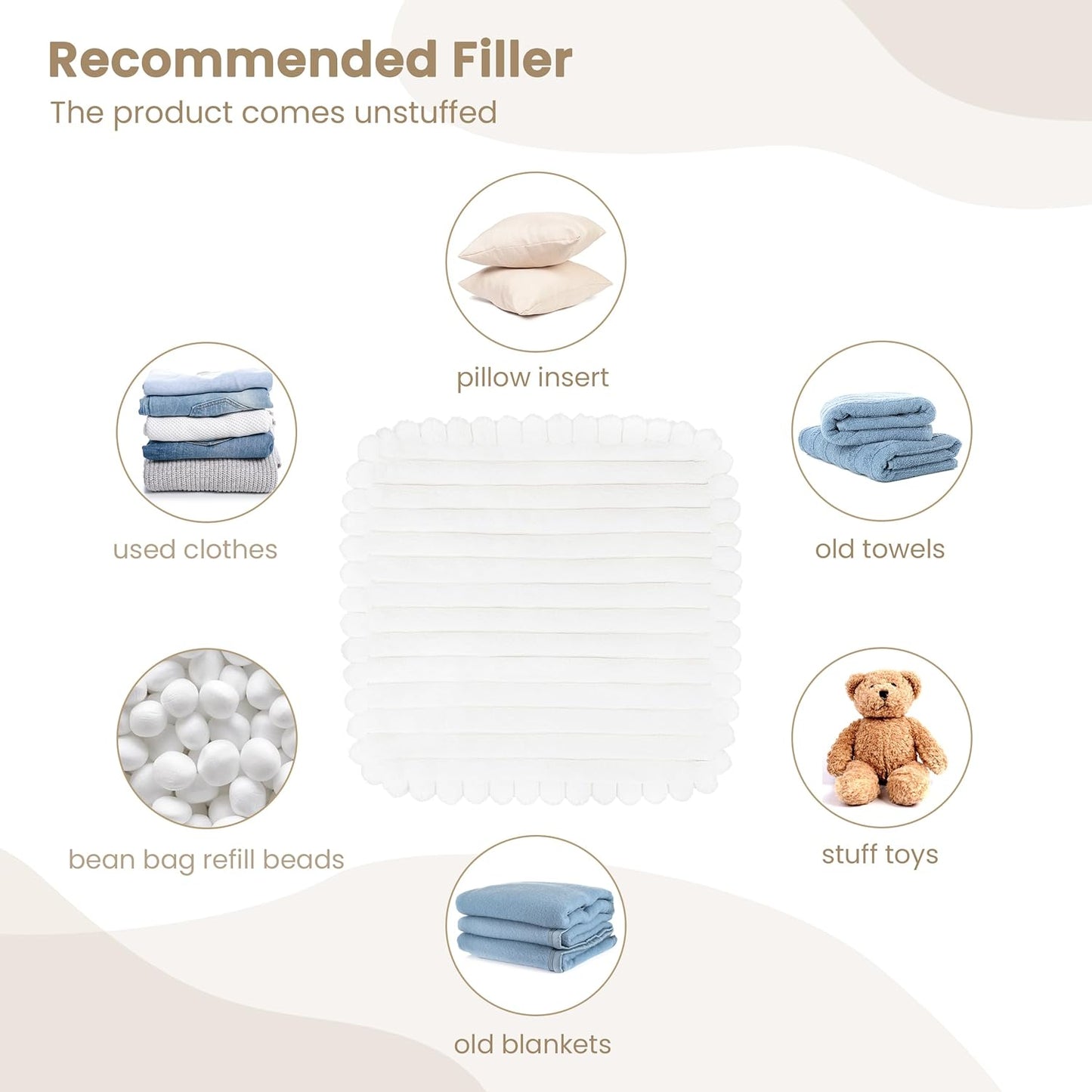 AELS Unstuffed Modern Pouf Cover for Living Room, Mid Century Modern Storage Bean Bag Cubes, Creamy White Faux Fur Plush Sripe Square Ottoman Pouf Foot Rest Footstool, 18"x18"x18", Cover ONLY