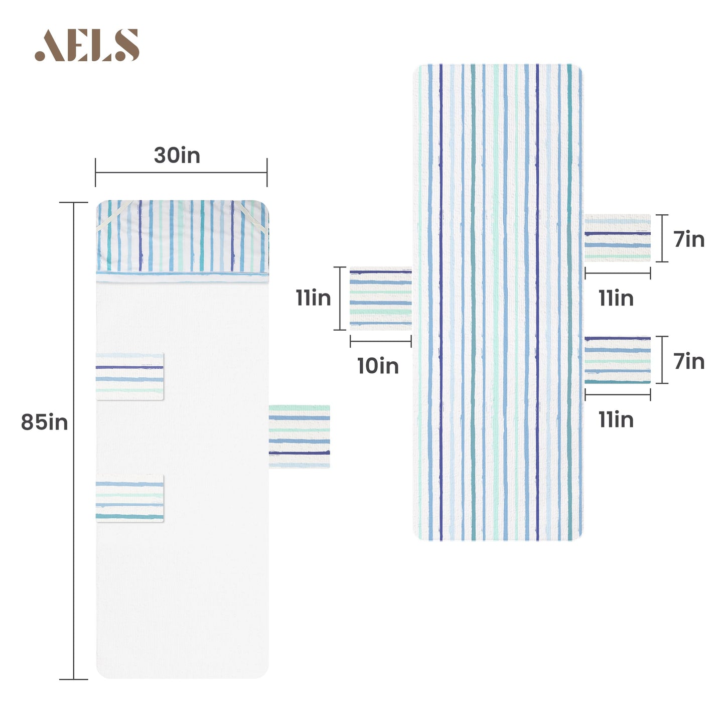 Lounge Chair Towel Cover, Pack of 2 - Microfiber Beach Towels with Pockets, Fits Outdoor Garden Beach Hotel Pool Chairs, Non-Slip & Portable Design, 85" X 30", Ombre Blue Stripes