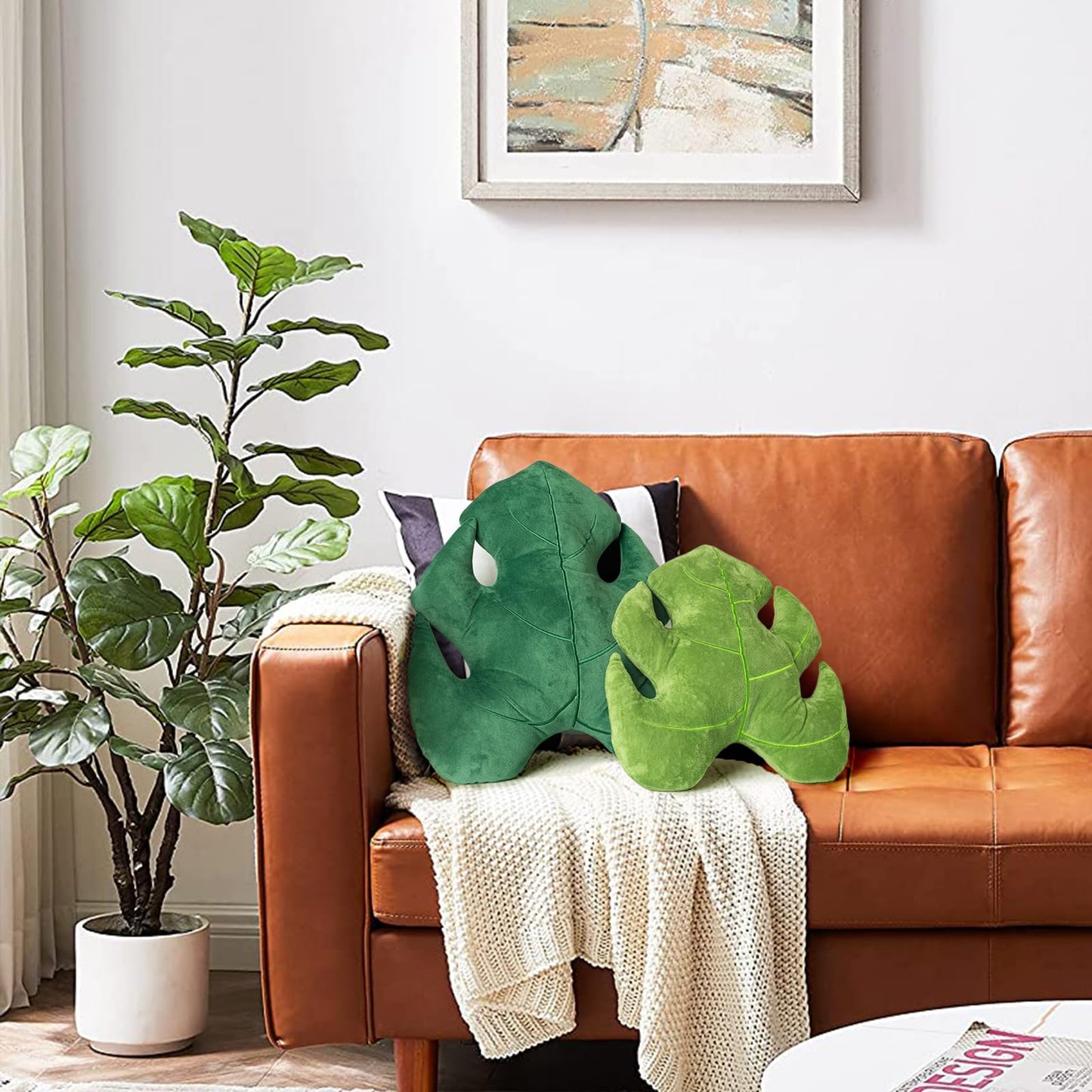 AELS Set of 2 3D Leaves Decorative Throw Pillows, 18"& 14" Monstera Deliciosa Plush Pillow Set for Plant Lovers Garden Lovers, Living Room Bedroom Nursery Decor, Bluish Green & Light Green