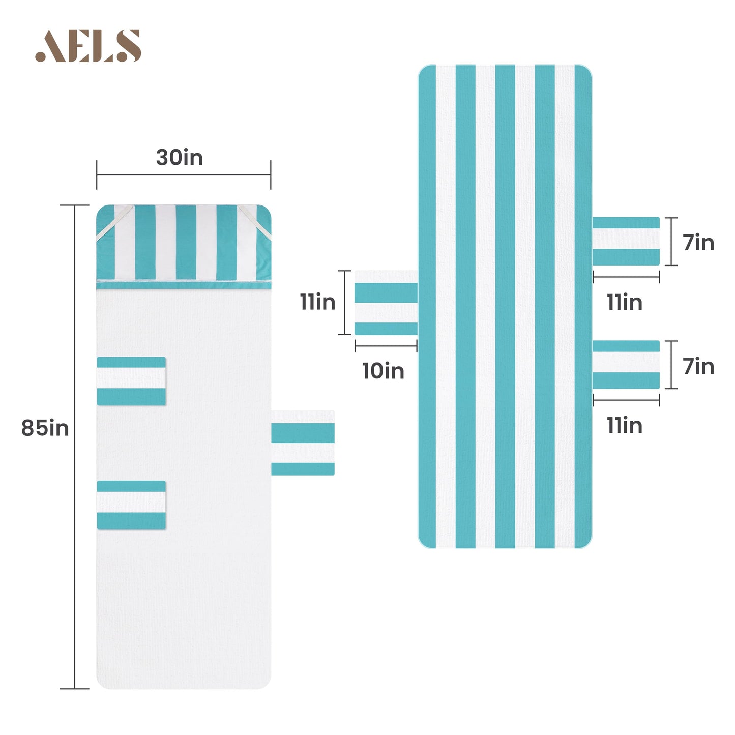 Lounge Chair Towel Cover, Pack of 2 - Microfiber Beach Towels with Pockets, Fits Outdoor Garden Beach Hotel Pool Chairs, Non-Slip & Portable Design, 85" X 30", Ombre Blue Stripes