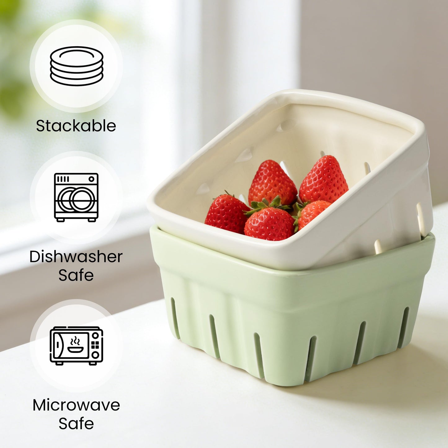 Ceramic Berry Basket, 5.9" Large Size Container for Fruit & Vegetables, Farmhouse Fruit Bowl, Strawberry Decor, Farmers Market, White Pink and Cute Strawberry Pattern, Stoneware Harvest Bowls for