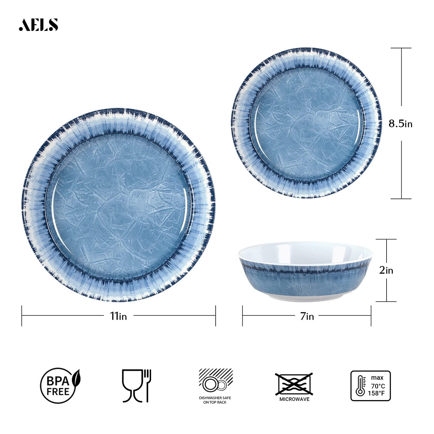 AELS Melamine Dinnerware Set of 12 Pcs Dinner Dishes Set for Indoor and Outdoor Use, Dishwasher Safe, Lightweight Unbreakable, BPA Free, Light Blue
