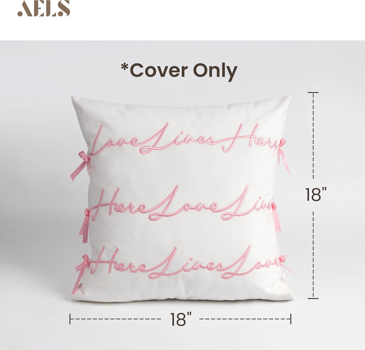 Bow Pillow Cover, Text Design Velvet Bowknot Decorative Pillow Covers for Valentine's Day, Wedding, Christmas, Living Room, Bedroom, Nursery Decor, 18x18 Inch, Love Lives Here, Pink Cream White