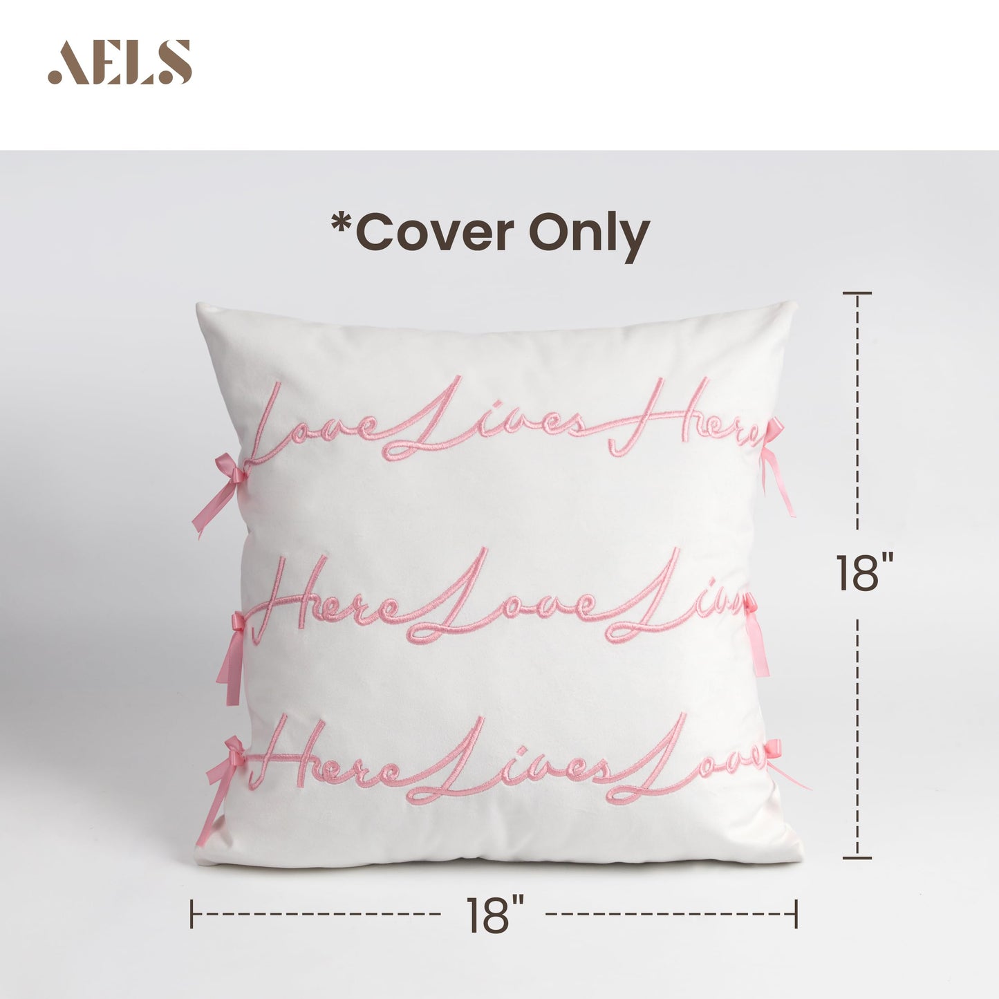 AELS Bow Pillow Cover, Text Design Velvet Bowknot Decorative Pillow Covers for Valentine's Day, Wedding, Christmas, Living Room, Bedroom, Nursery Decor, 18x18 Inch, Love Lives Here, Pink Cream White