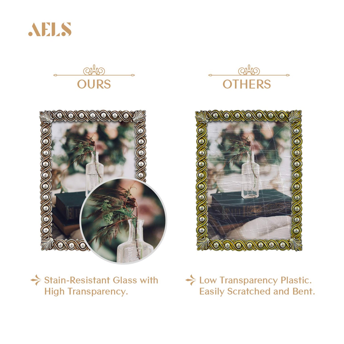 AELS 4x6 Inch Vintage Picture Frame, Elegant Luxury Antique Photo Frames with Glass Front, Photo Display, Tabletop Wall Hanging, Gift Ideas, Pearl Pattern