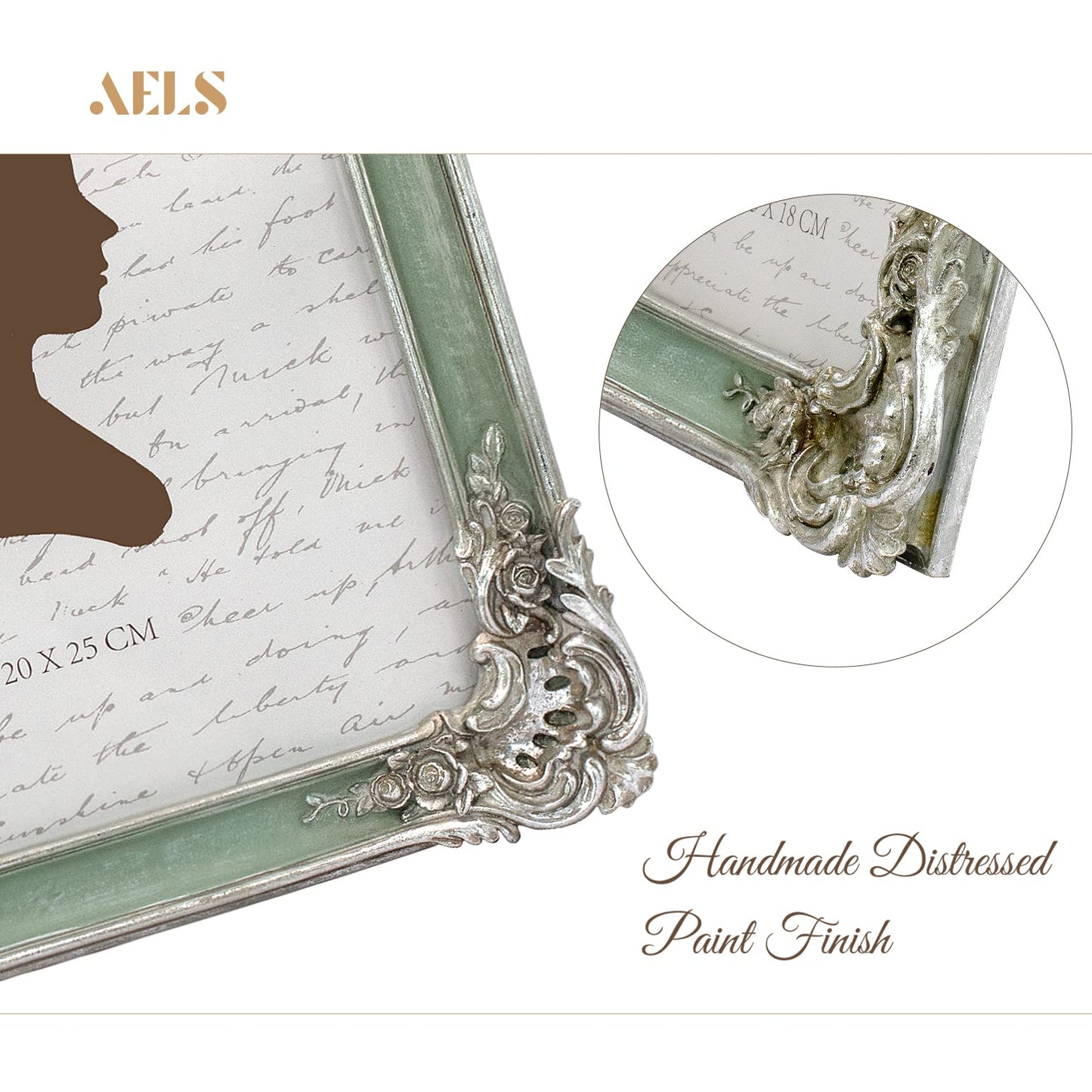 AELS 5x7 Inch Vintage Picture Frame, Elegant Antique Photo Frames with Glass Front, Photo Display, Tabletop Wall Hanging, Gift Ideas, Silver and Green