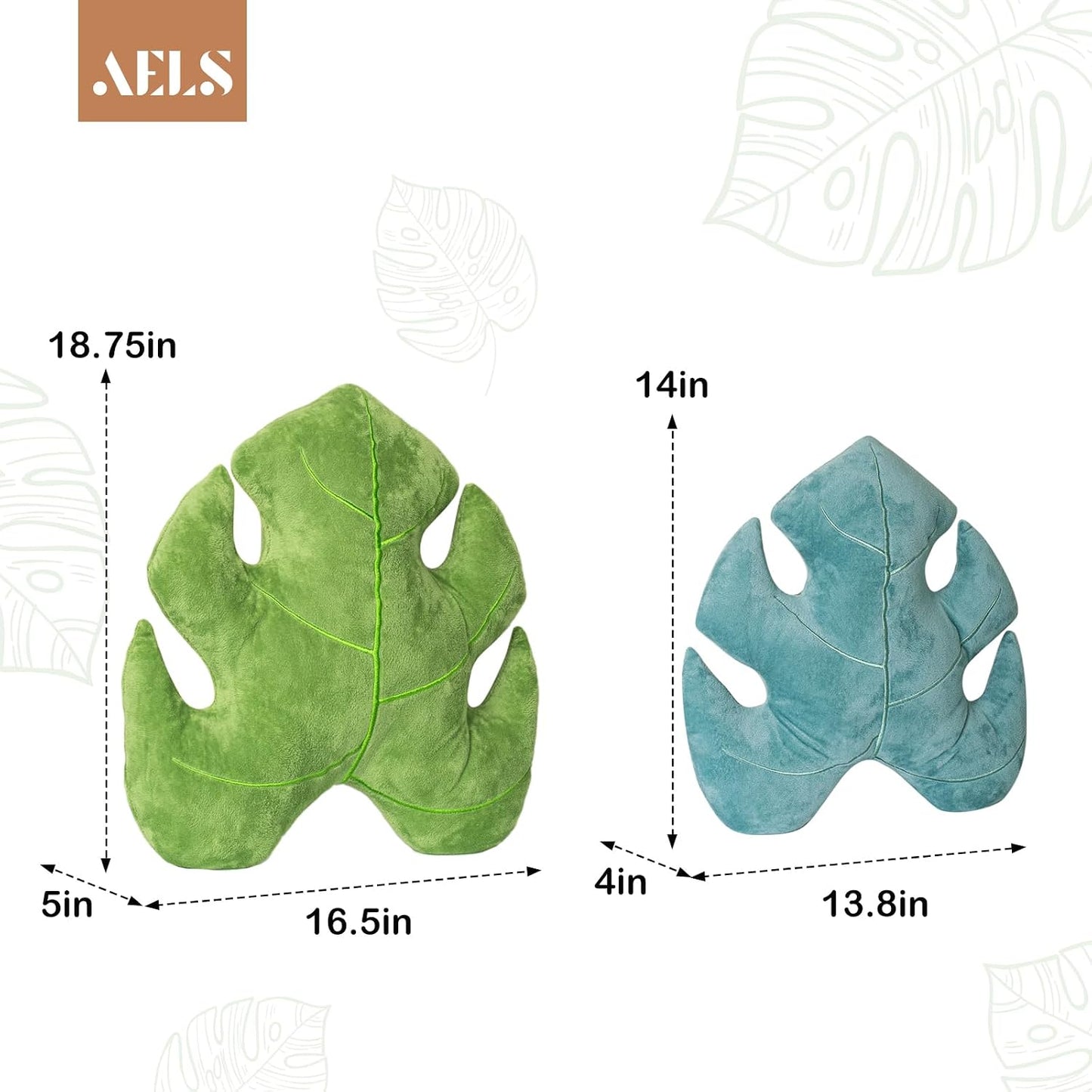 AELS Set of 2 3D Leaves Decorative Throw Pillows, 18"& 14" Monstera Deliciosa Plush Pillow Set for Plant Lovers Garden Lovers, Living Room Bedroom Nursery Decor, Bluish Green & Light Green
