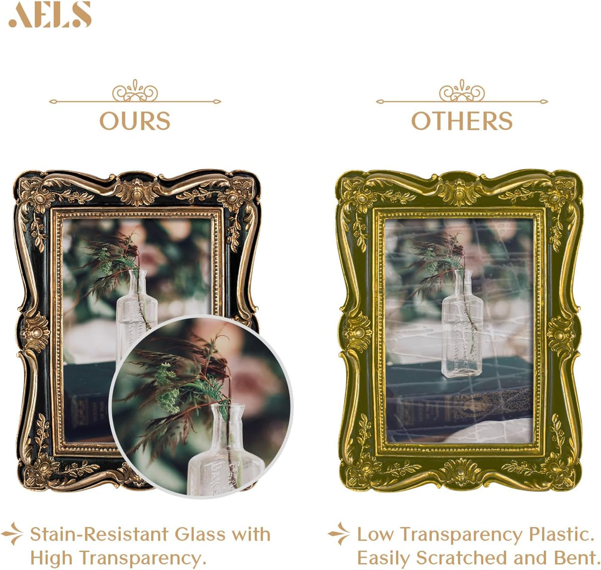 AELS 4x6 Inch Vintage Picture Frame, Elegant Antique Photo Frames with Glass Front, Photo Display, Tabletop Wall Hanging, Gift Ideas, Gold and Black