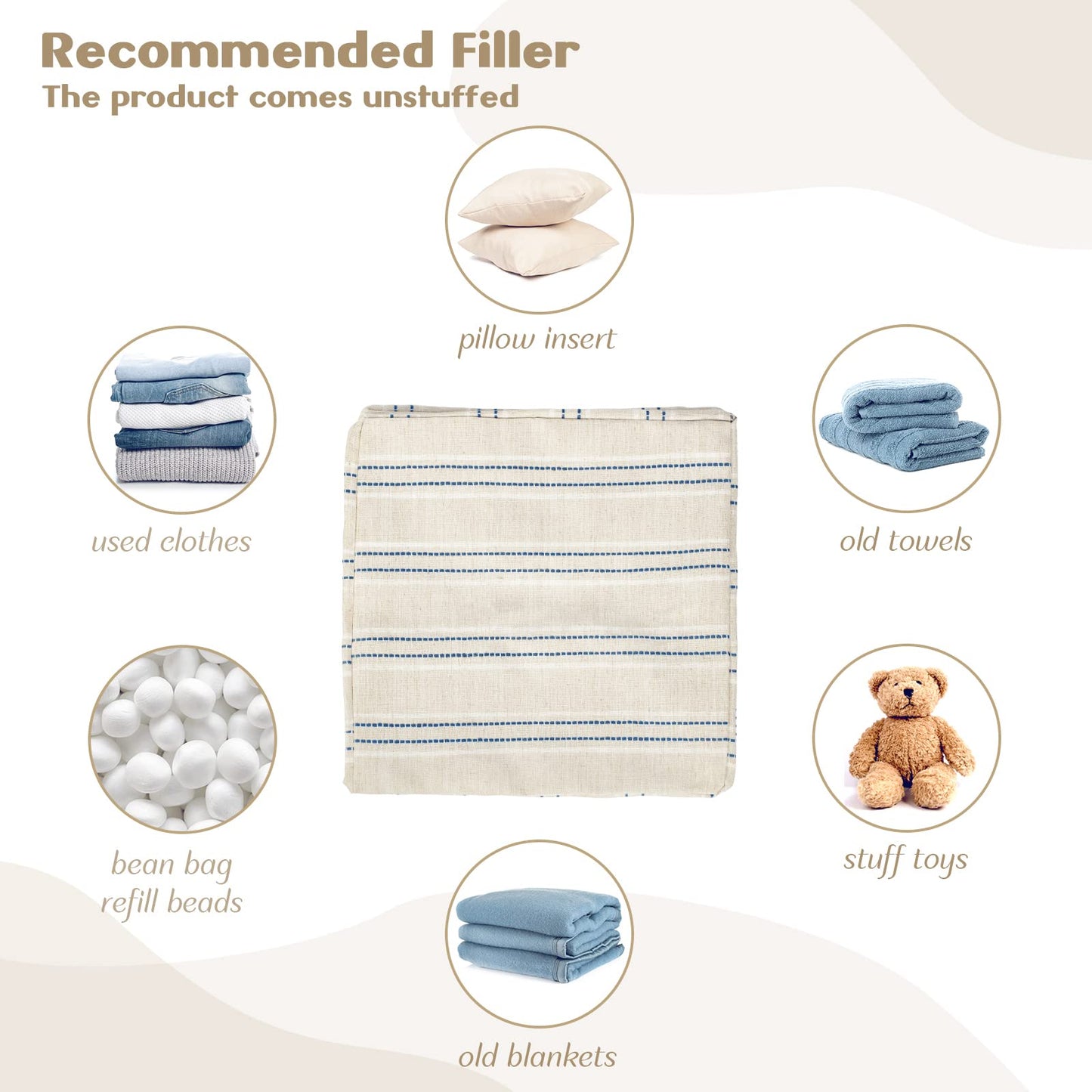 AELS Unstuffed Farmhouse Pouf Cover for Living Room, Boho Storage Bean Bag Cubes, Beige with Brown Stitch Yarn Dyed Stripe Square Ottoman Pouf Foot Rest Footstool, 18"x18"x18", Cover ONLY