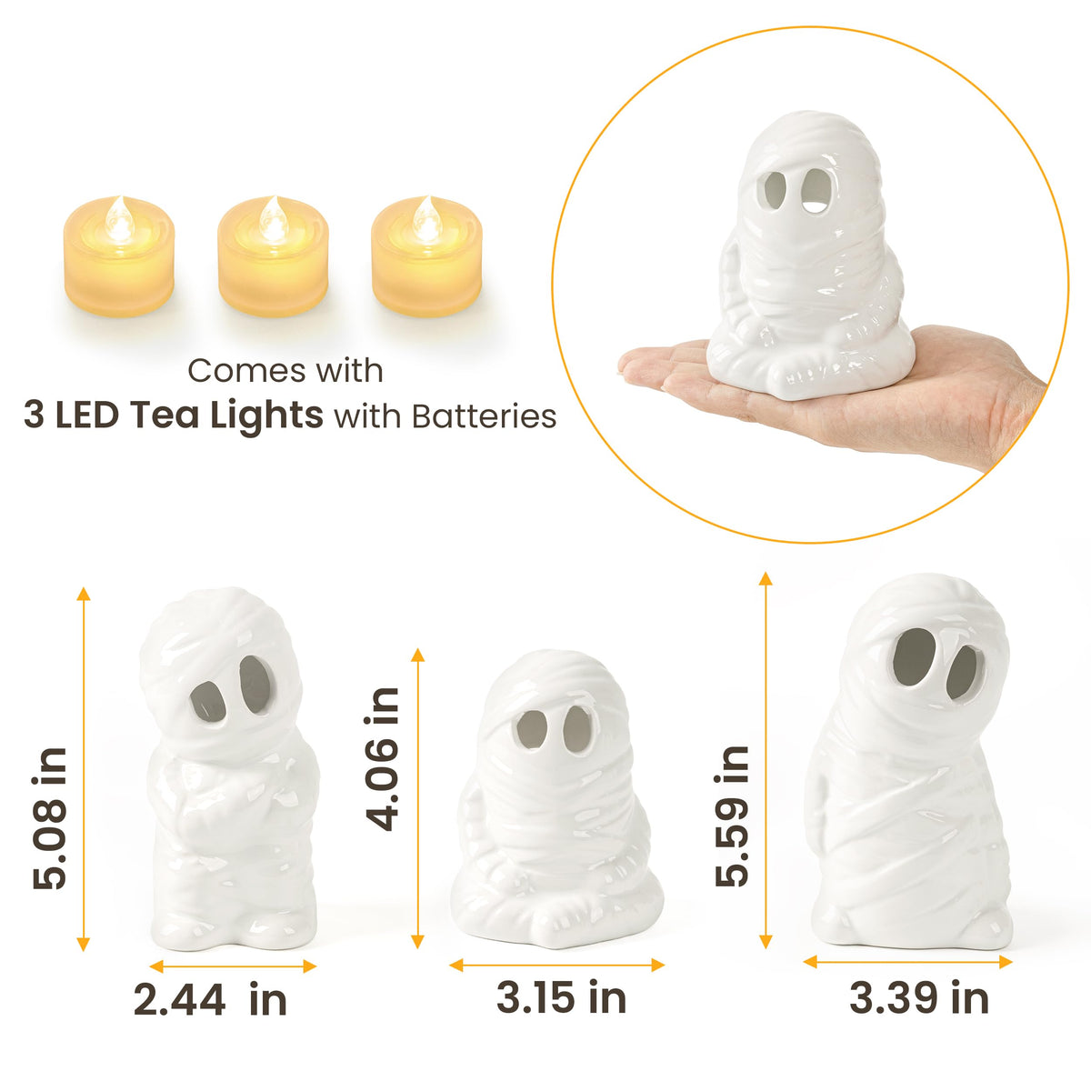 AELS Ceramic Ghost Candle Holder Set of 3, Halloween Tea Light Decor