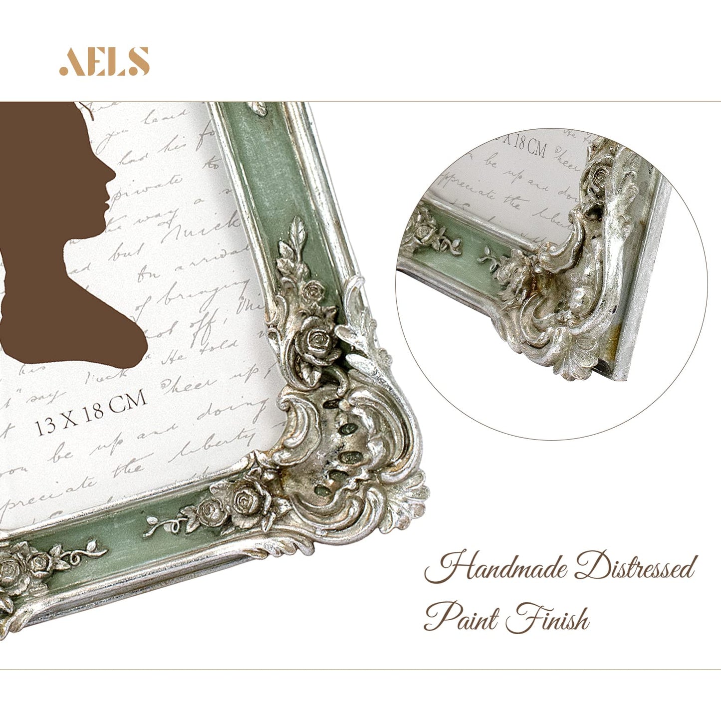 AELS 5x7 Inch Vintage Picture Frame, Elegant Antique Photo Frames with Glass Front, Photo Display, Tabletop Wall Hanging, Gift Ideas, Silver and Green