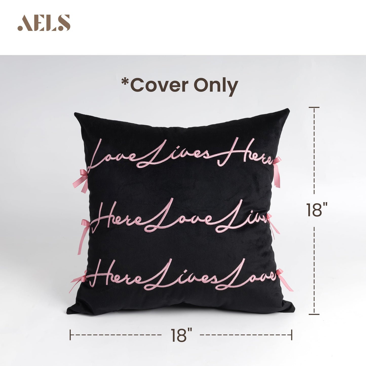 AELS Bow Pillow Cover, Text Design Velvet Bowknot Decorative Pillow Covers for Valentine's Day, Wedding, Christmas, Living Room, Bedroom, Nursery Decor, 18x18 Inch, Love Lives Here, Pink Cream White