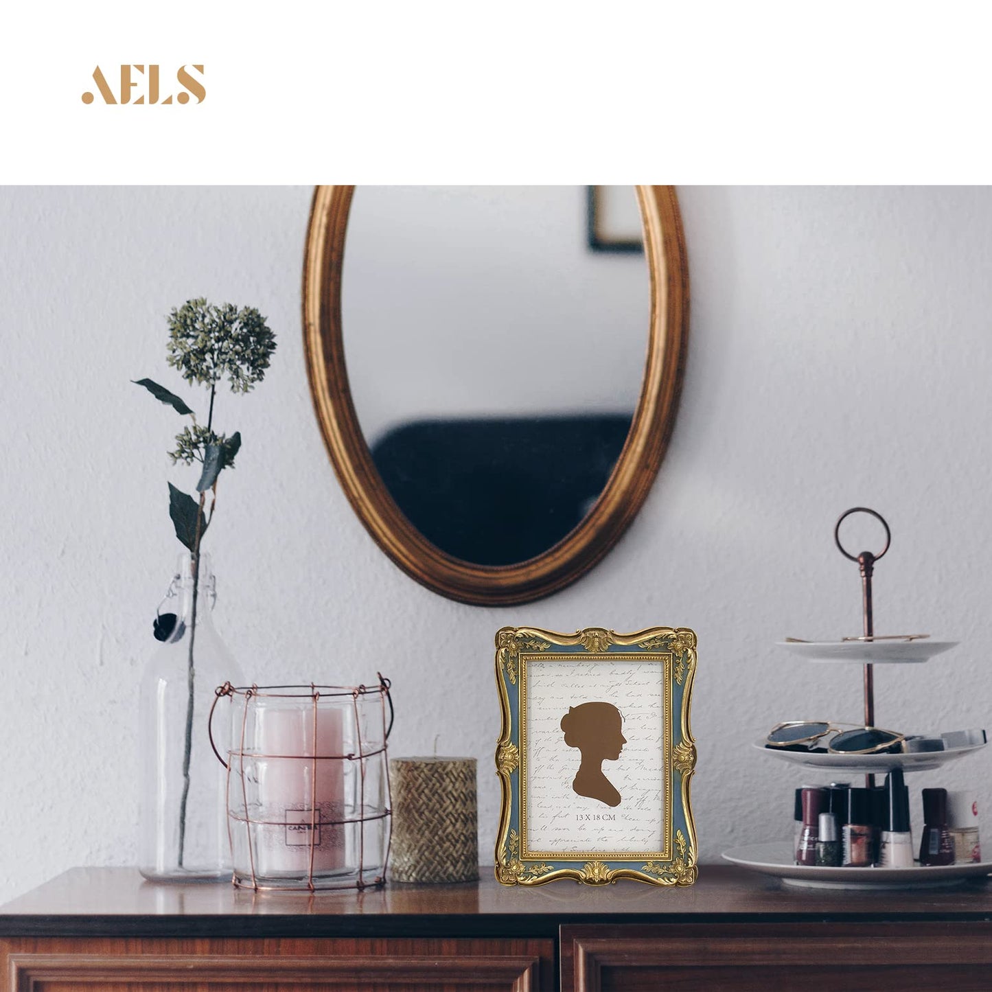 AELS 4x6 Inch Vintage Picture Frame, Elegant Antique Photo Frames with Glass Front, Photo Display, Tabletop Wall Hanging, Gift Ideas, Gold and Green