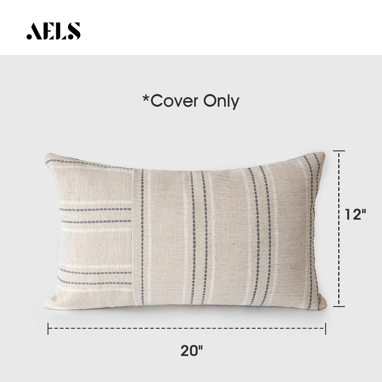 AELS 12x20 Decorative Farmhouse Linen Throw Pillow Covers, Boho Rectangle Lumbar Pillow Case, Set of 2, Beige with White & Gray Stripe Patchwork Cushion Cover for Sofa Couch Living Room (Cover ONLY)