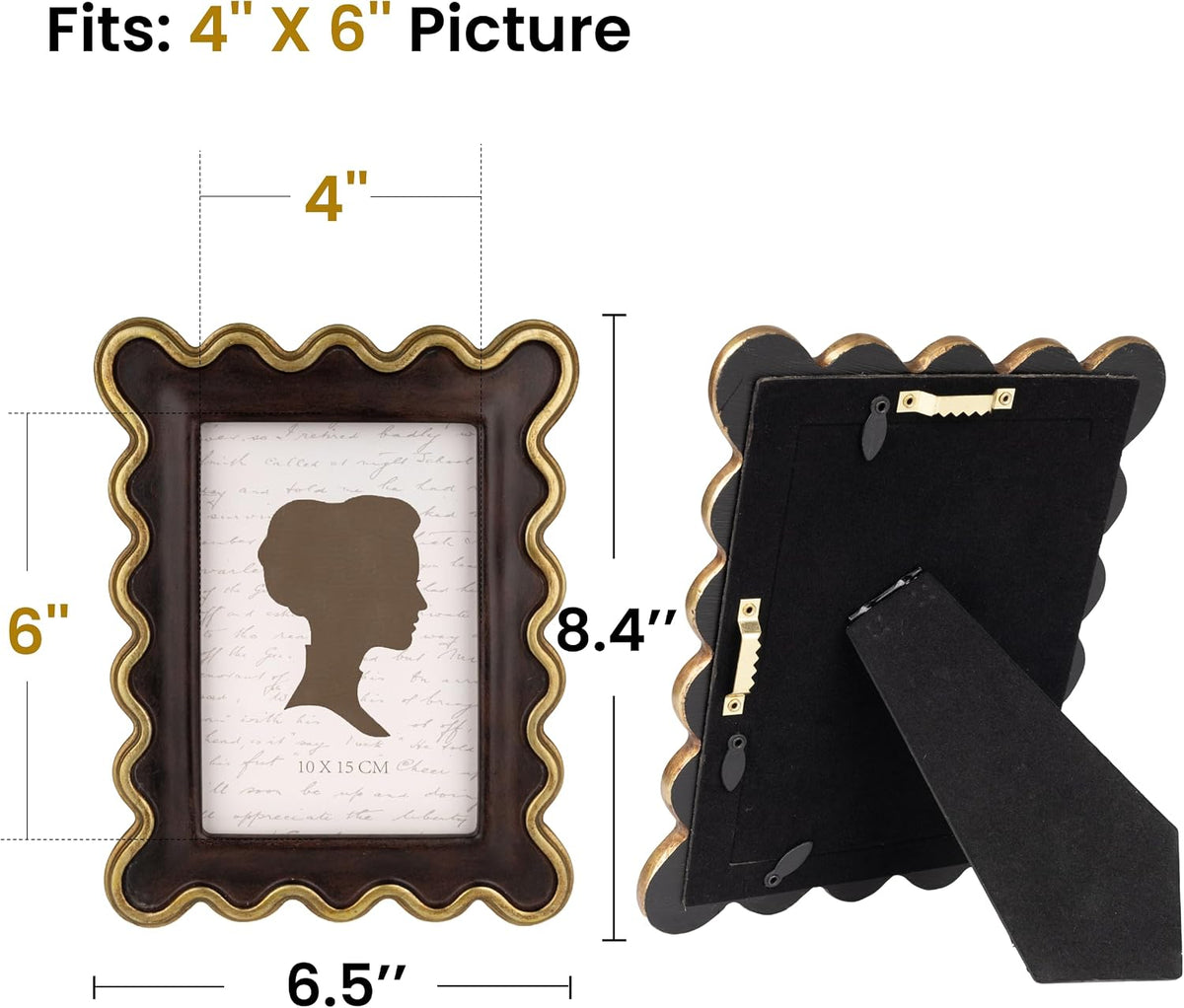 AELS 4x6 Inch Vintage Scalloped Picture Frame, Mid Century Modern Antique Photo Frames with Glass Front, Photo Display, Tabletop Wall Hanging, Gift Ideas, Dark Walnut