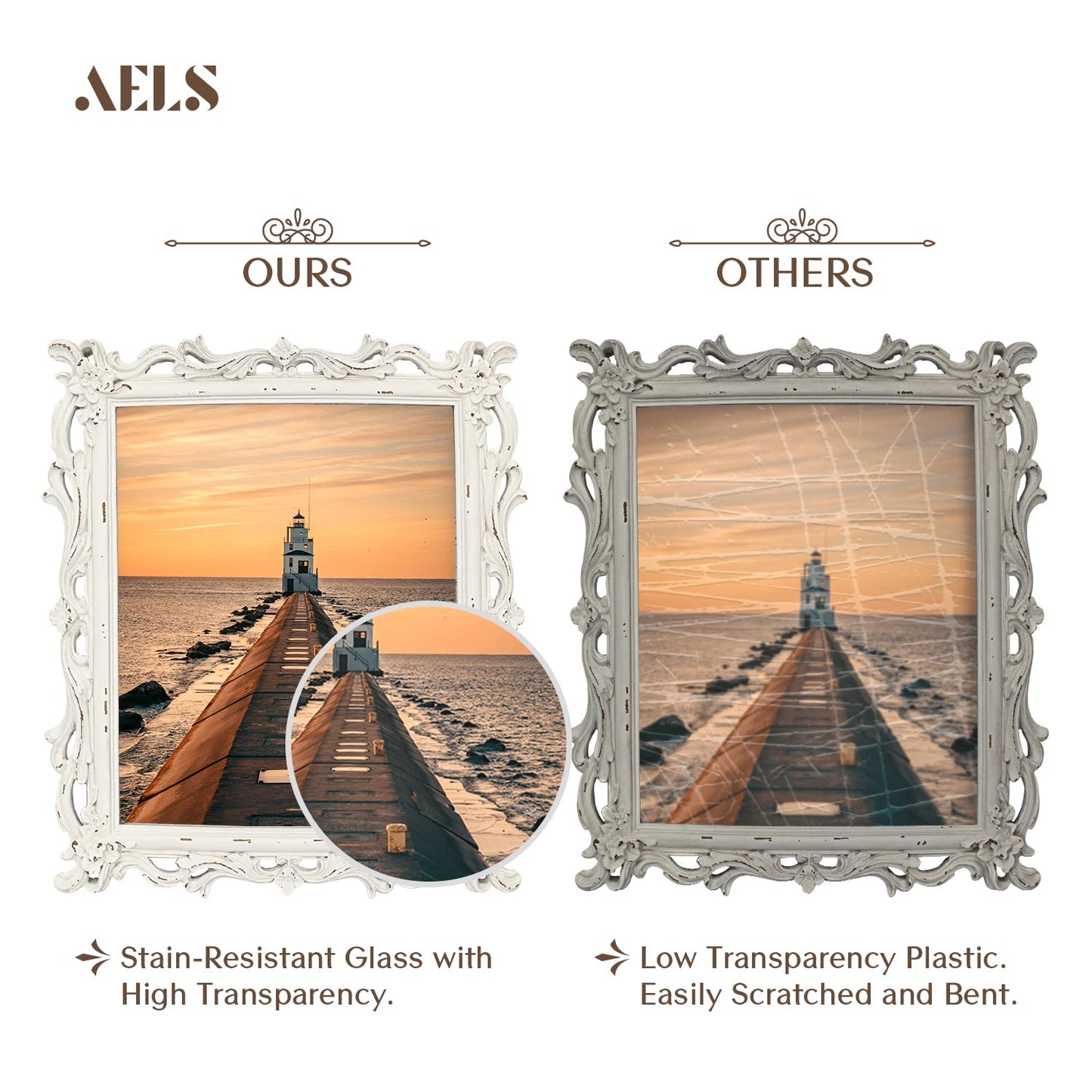 AELS Vintage Picture Frame, Elegant Antique Photo Frames with Glass Front, Photo Display, Tabletop Wall Hanging, Gift Ideas, White Waves (4X6 inch)