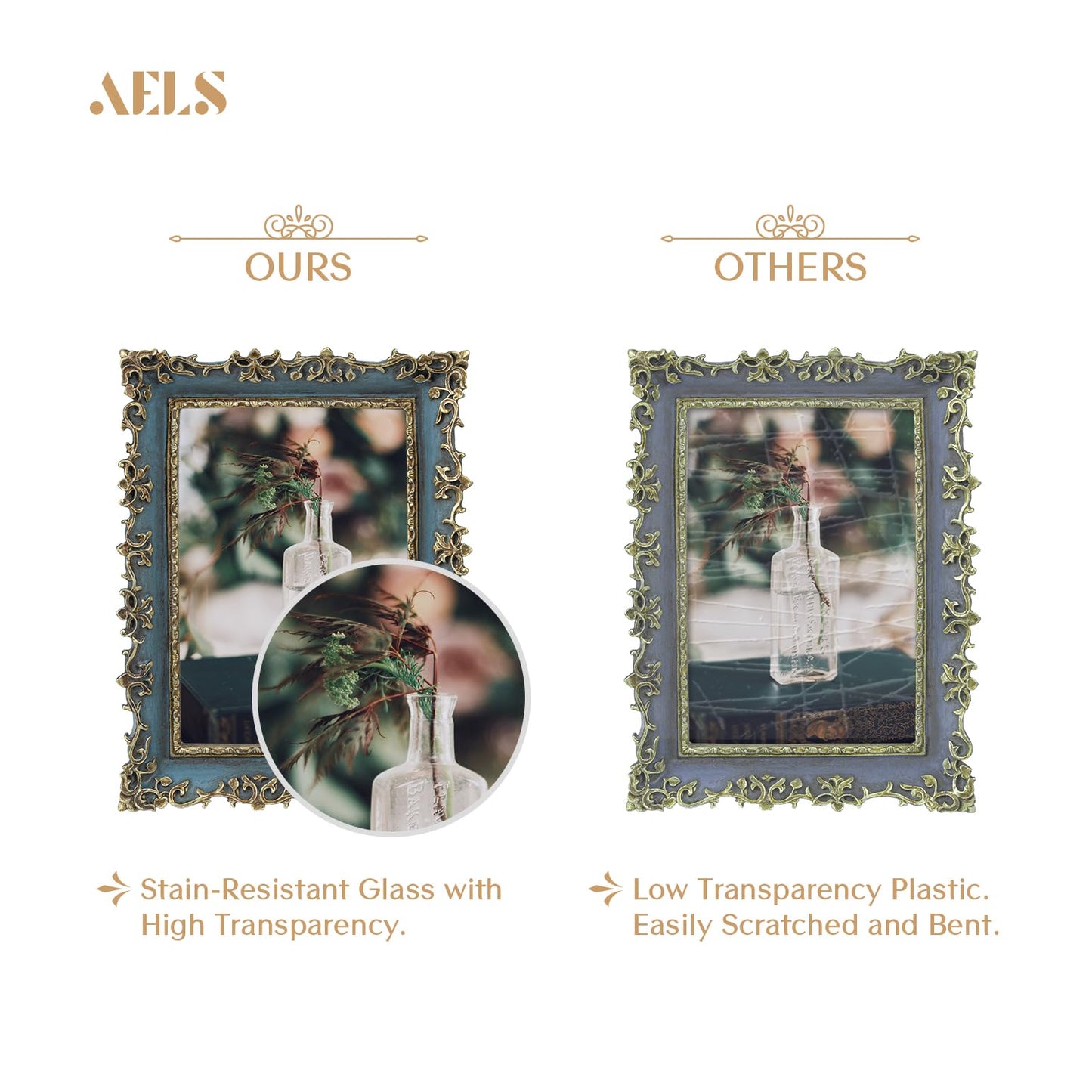 AELS 4x6 Inch Vintage Picture Frame, Elegant Antique Photo Frames with Glass Front, Photo Display, Tabletop Wall Hanging, Gift Ideas, Vine Pattern, Silver & Light Blue