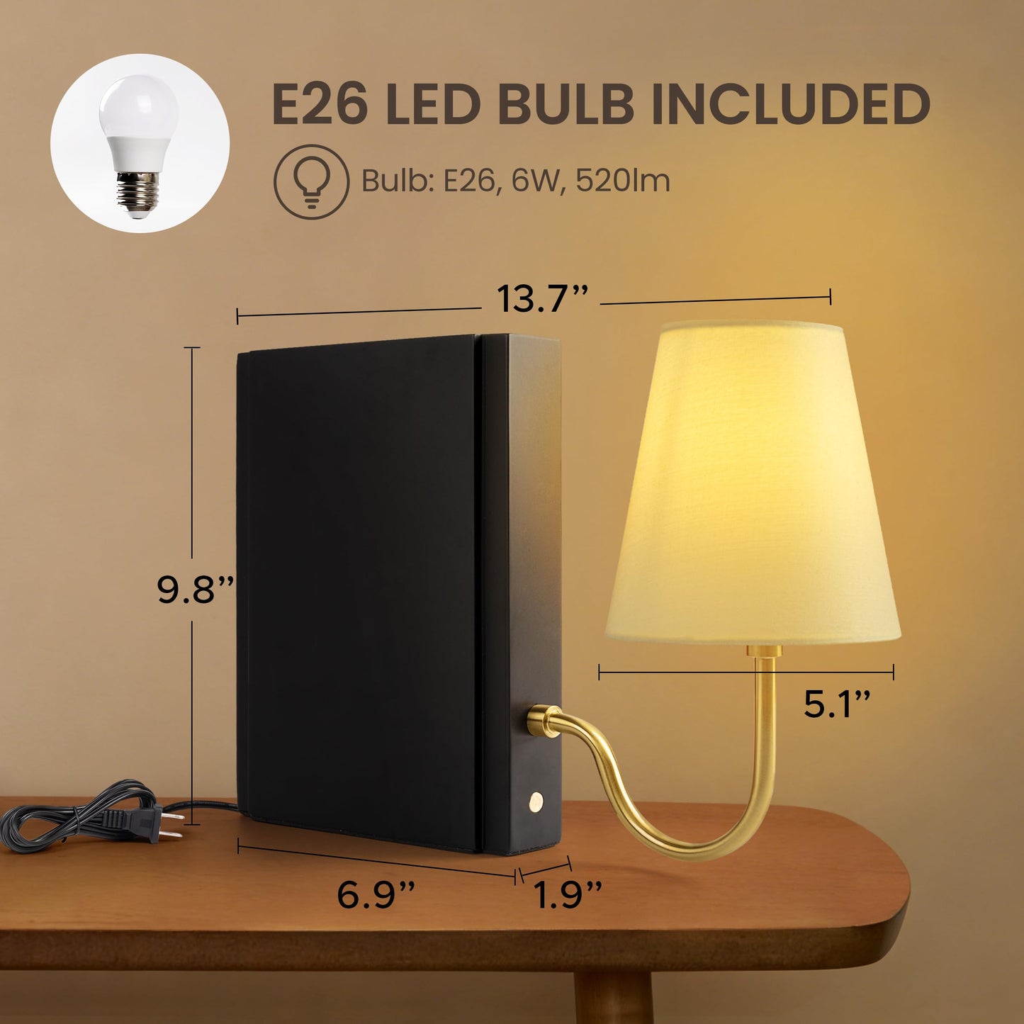 AELS Wooden Bookshelf Lamp with Bulb, Cordless Touch Dimmable Table Lamp with Linen Fabric Shade, Battery Operated, Modern Decorative Bookend, Book Sconce for Office Home Bedroom Bookshelf, Natural