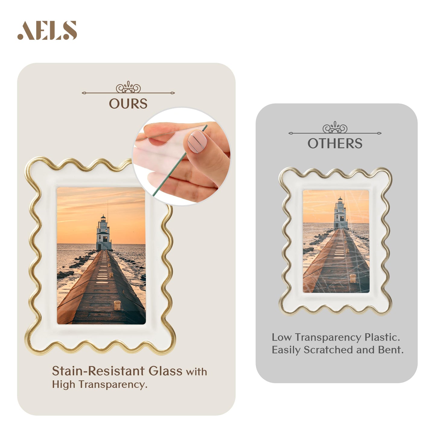 AELS 4x6 Inch Vintage Scalloped Picture Frame, Mid Century Modern Antique Photo Frames with Glass Front, Photo Display, Tabletop Wall Hanging, Gift Ideas, Dark Walnut
