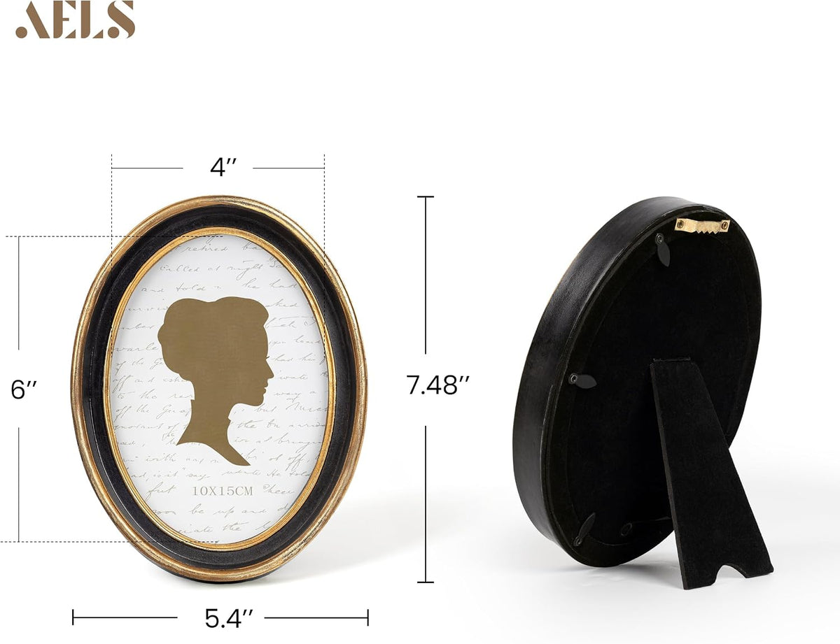 AELS 4x6 Inch Vintage Picture Frame, Elegant Antique Photo Frames with Glass Front, Photo Display, Tabletop Wall Hanging, Gift Ideas, Black Oval with Gold Trim