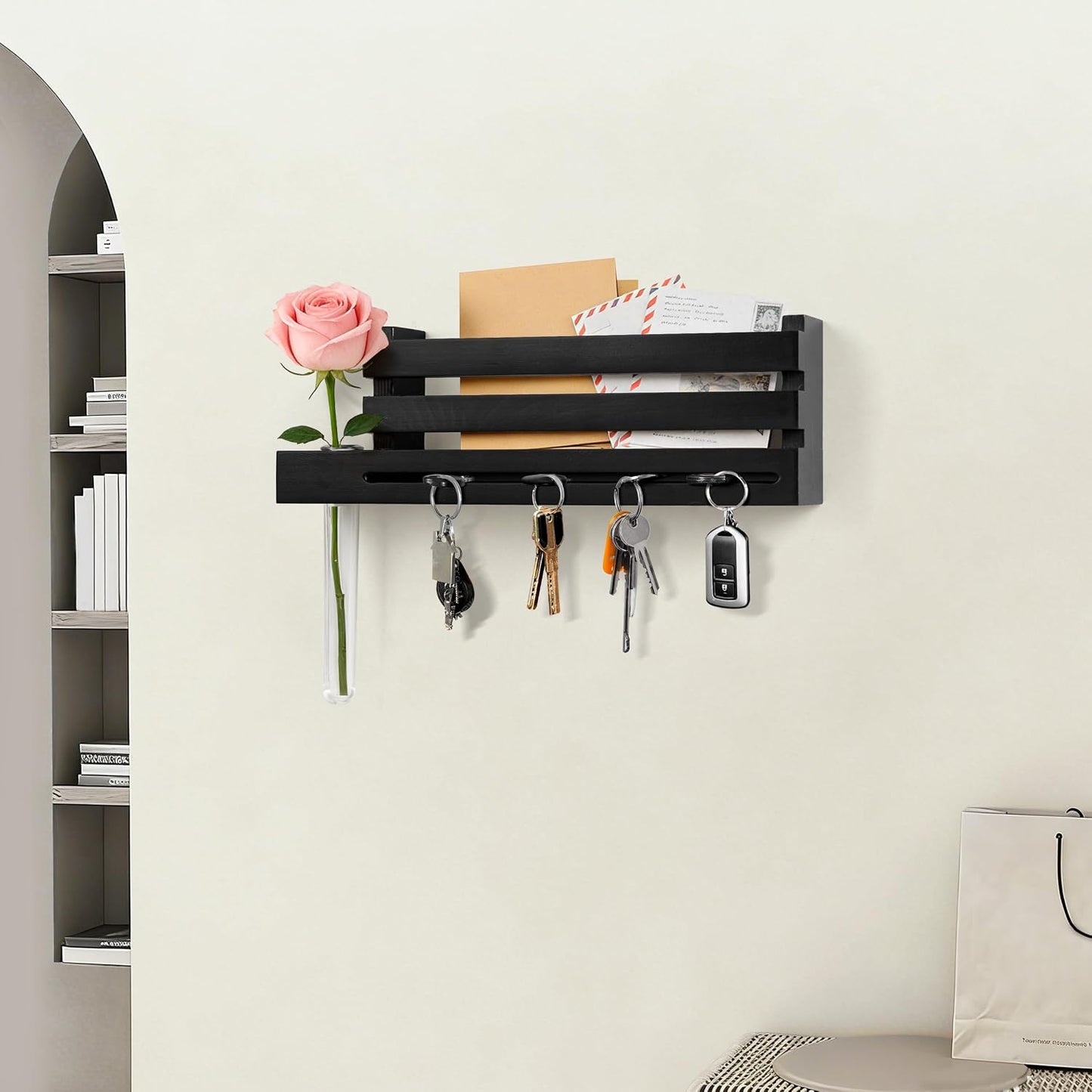 Black Wall Mounted Key Holder with Acrylic Vase & Mail Organizer, Wooden Entryway Key Rack with 5.9" Test Tube Vase, Decorative Key Hanger with Slot for Keys and Letters, Gift Idea