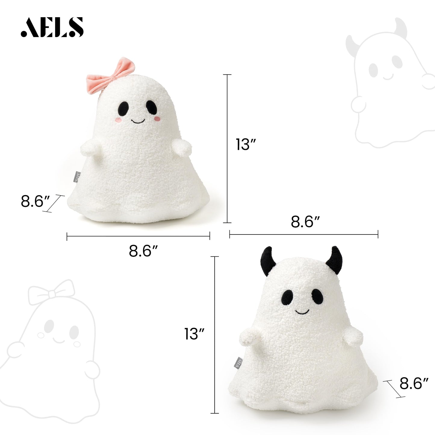 AELS Ghost with Horns Throw Pillow, Spooky Halloween Decorative Pillow | Soft Plush White Ghost Pillow for Couch Sofa Bed Living Room Decor, Cute Spooky Halloween Party Decoration