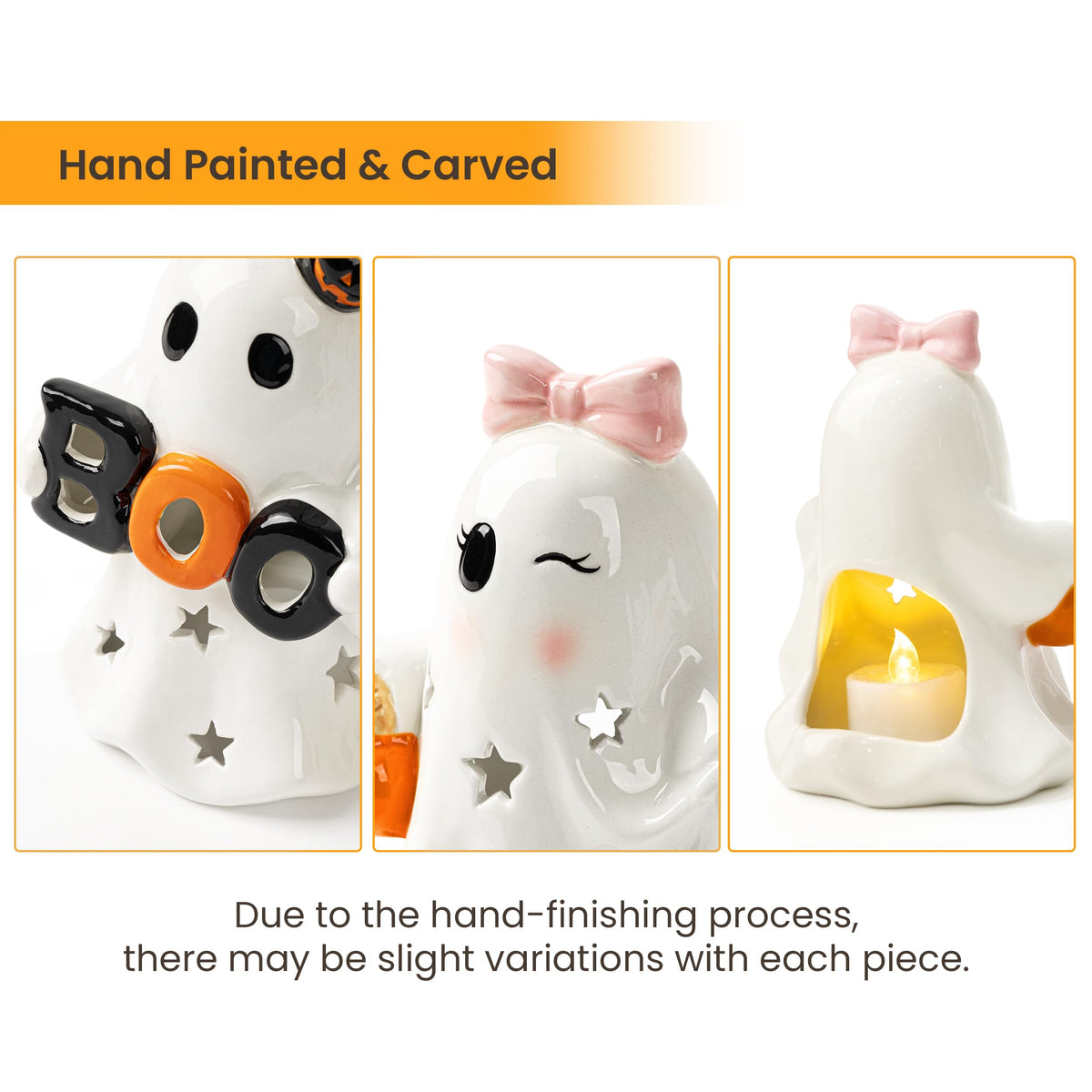 AELS Ceramic Ghost Candle Holder Set of 3, Halloween Tea Light Decor
