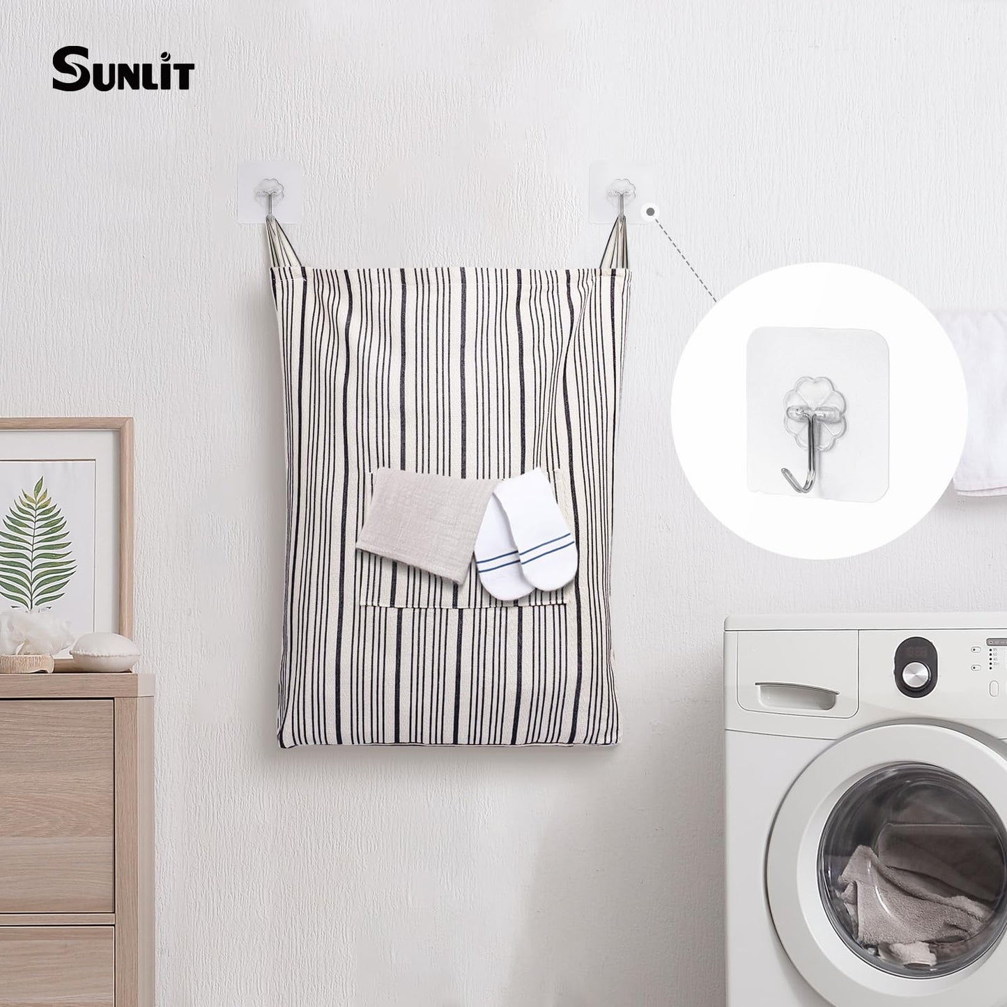 Farmhouse Hanging Laundry Hamper with 2 Hooks, Washable Beige & Stripes Laundry Bag with Zipper & Wide Open Top, Over the Door Organizer for Dirty Clothes, Space Saving Storage