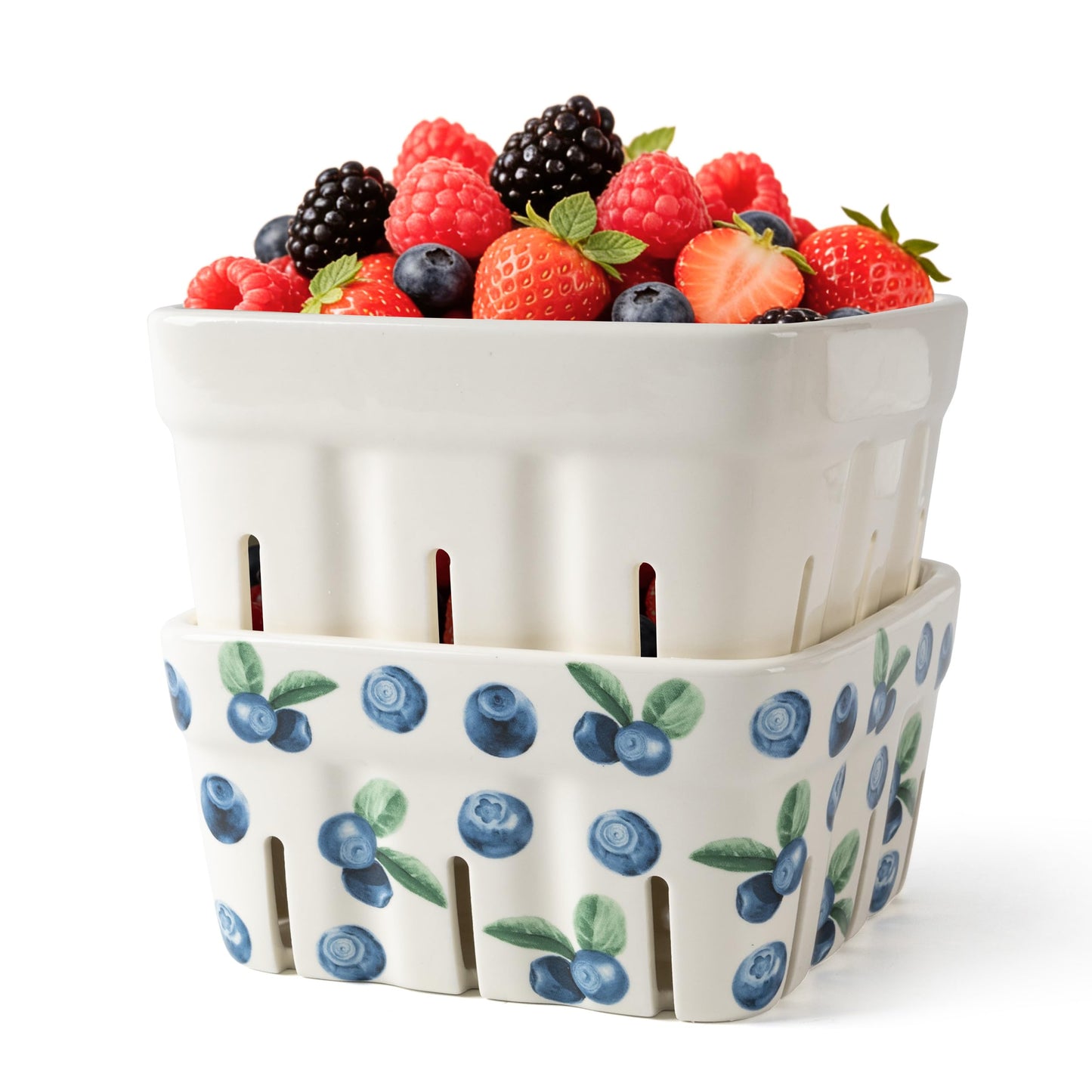 AELS Ceramic Berry Basket, 5.9" Container for Fruit & Vegetables, Farmhouse Fruit Bowl, Strawberry Decor, Farmers Market, White Pink and Cute Strawberry Pattern, Stoneware Harvest Bowls for Kitchen