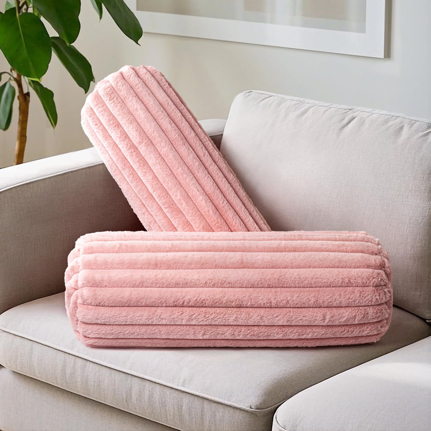 AELS Faux Fur Striped Cylinder Pillows, 8" x 24" Decorative Modern Bolster Pillows with Removable Washable Cover and Insert, Body Pillow for Couch and Bed, Living Room Bedroom Nursery Decor, White