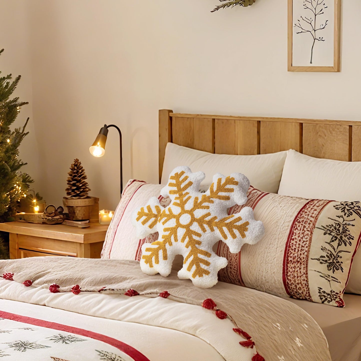 AELS 21.6 Inches Tufted 3D Snowflake Christmas Decorative Throw Pillow, Cute Winter Plush Throw Pillow, Living Room Bedroom Nursery Decor, Christmas Decoration