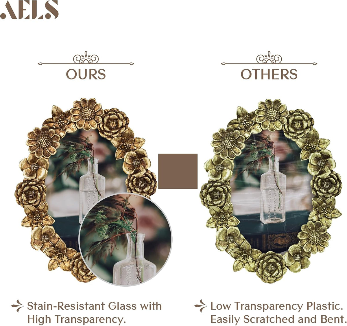 AELS 4x6 Inch Vintage Picture Frame, Elegant Antique Oval Photo Frames with Glass Front, Photo Display, Tabletop Wall Hanging, Gift Ideas, Gold Flower
