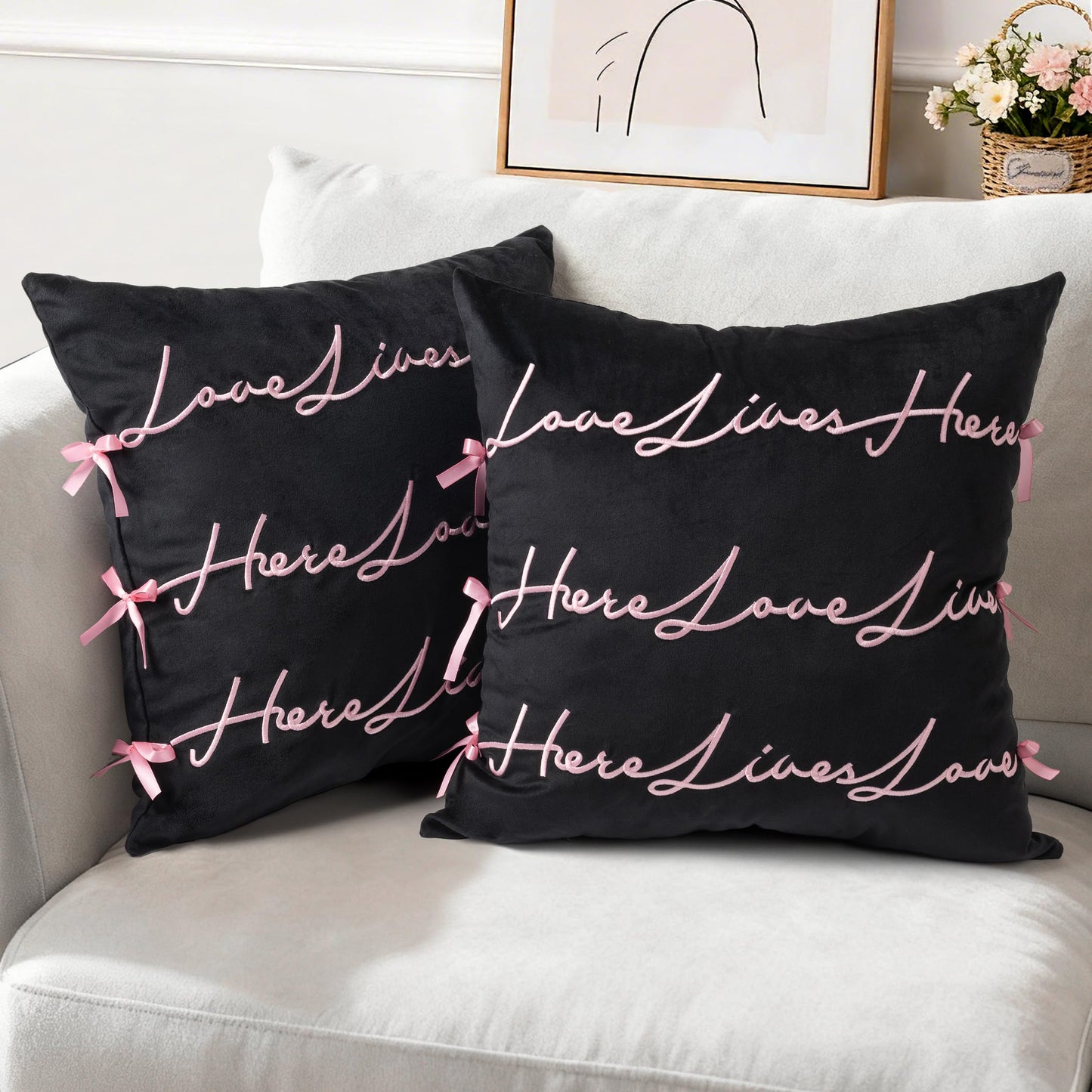 Bow Pillow Cover, Text Design Velvet Bowknot Decorative Pillow Covers for Valentine's Day, Wedding, Christmas, Living Room, Bedroom, Nursery Decor, 18x18 Inch, Love Lives Here, Pink Cream White