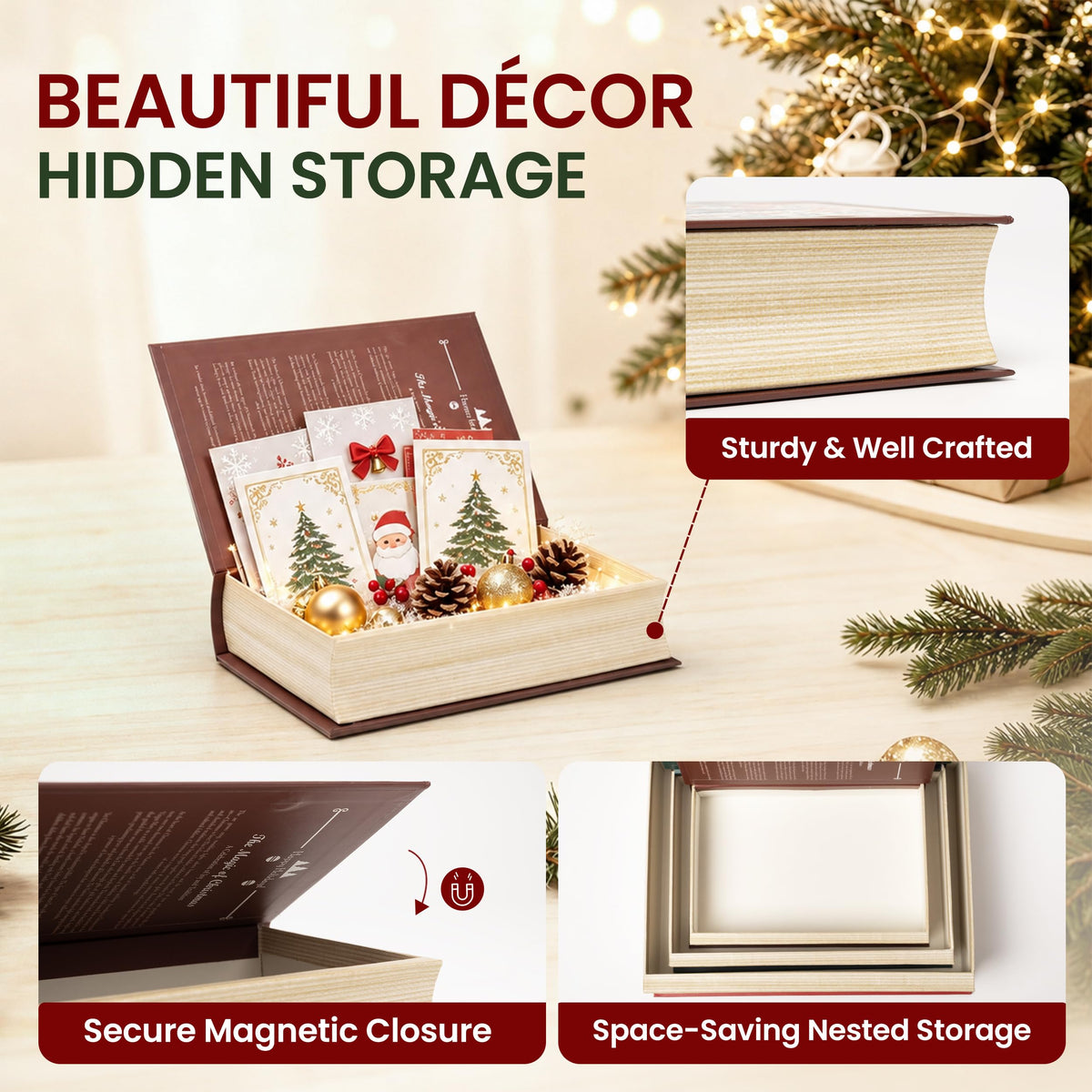 AELS 3 Pcs Christmas Decorative Books for Home Decor with Hidden Storage, Stackable Faux Book Boxes for Coffee Table Bookshelf, Hardcover Classic Xmas Mantel & Shelf Decor (8", 7", 6")