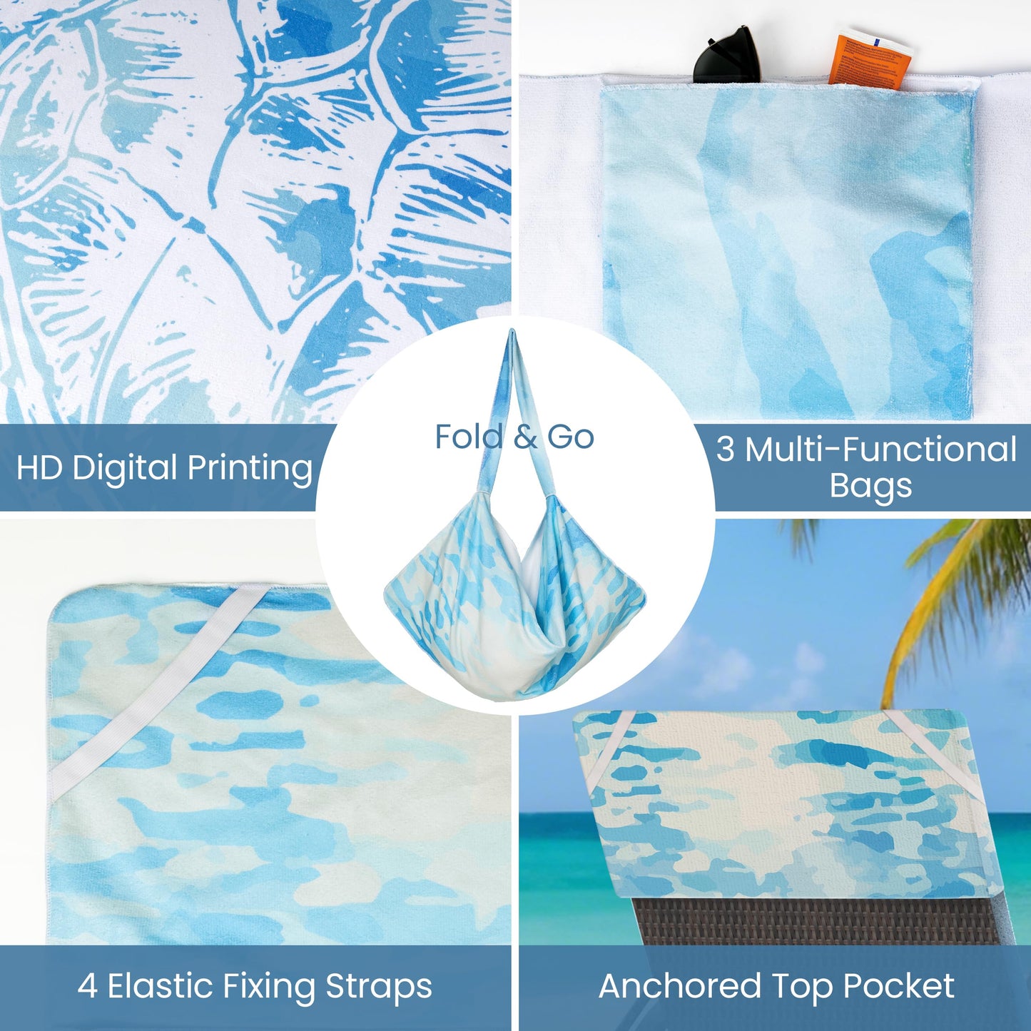 AELS Lounge Chair Towel Cover, Pack of 2 - Microfiber Beach Towels with Pockets, Fits Outdoor Garden Beach Hotel Pool Chairs, Non-Slip & Portable Design, 85" X 30", Sea Turtle Blue Stripe