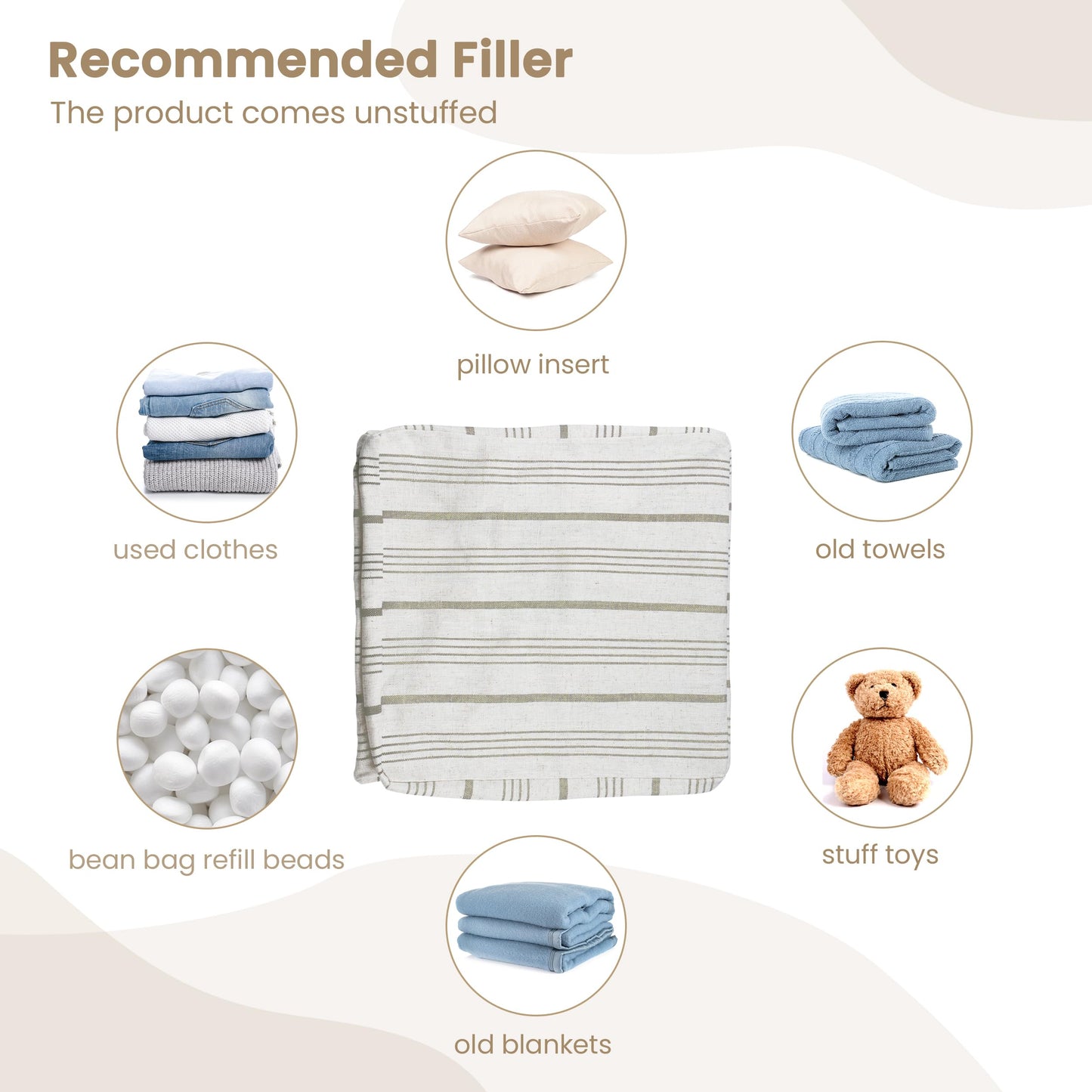 AELS Unstuffed Farmhouse Pouf Cover for Living Room, Boho Storage Bean Bag Cubes, Beige with Brown Stitch Yarn Dyed Stripe Square Ottoman Pouf Foot Rest Footstool, 18"x18"x18", Cover ONLY