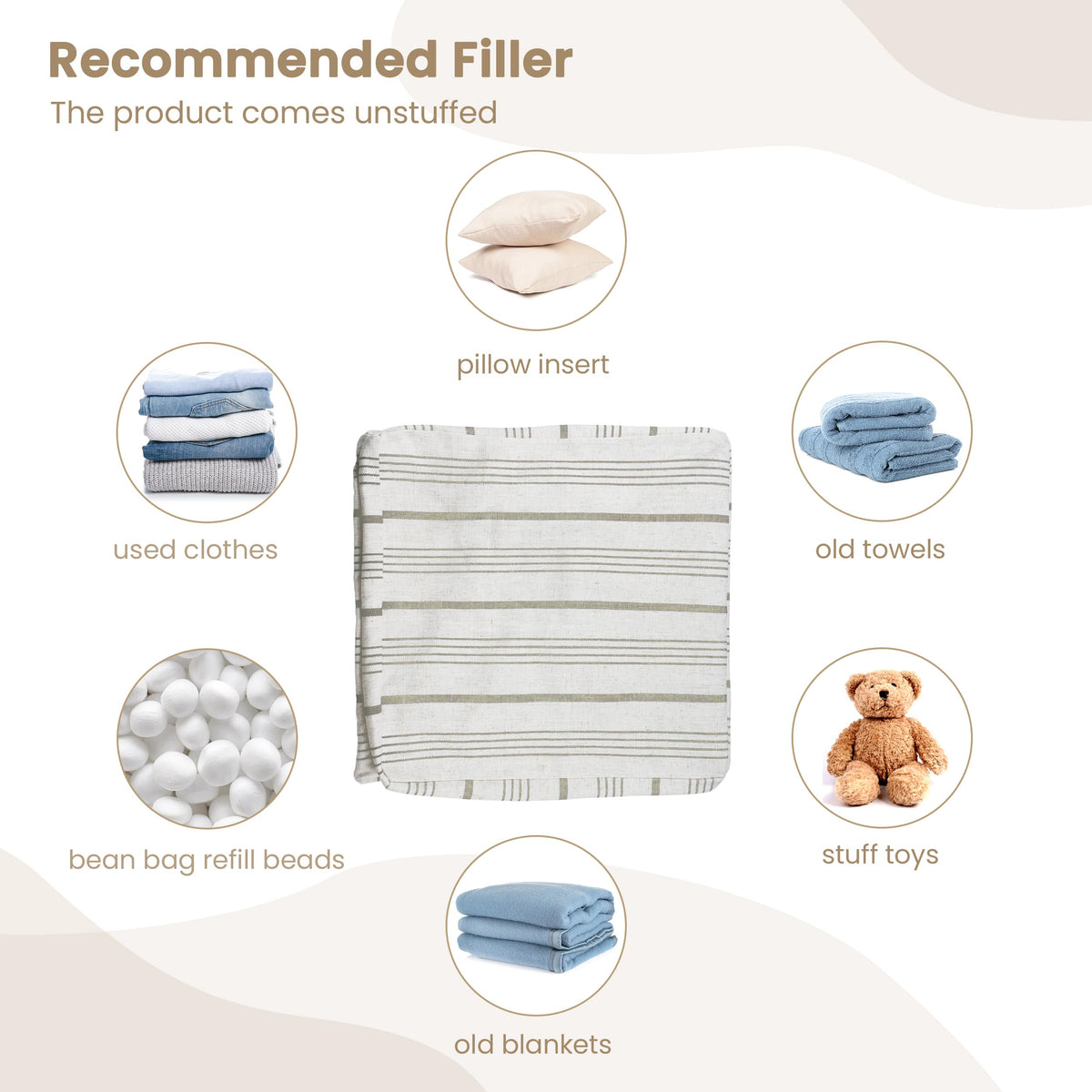 AELS Unstuffed Farmhouse Pouf Cover for Living Room, Boho Storage Bean Bag Cubes, Beige with Navy Blue Stitch Yarn Dyed Stripe Square Ottoman Pouf Foot Rest Footstool, 18"x18"x18", Cover ONLY