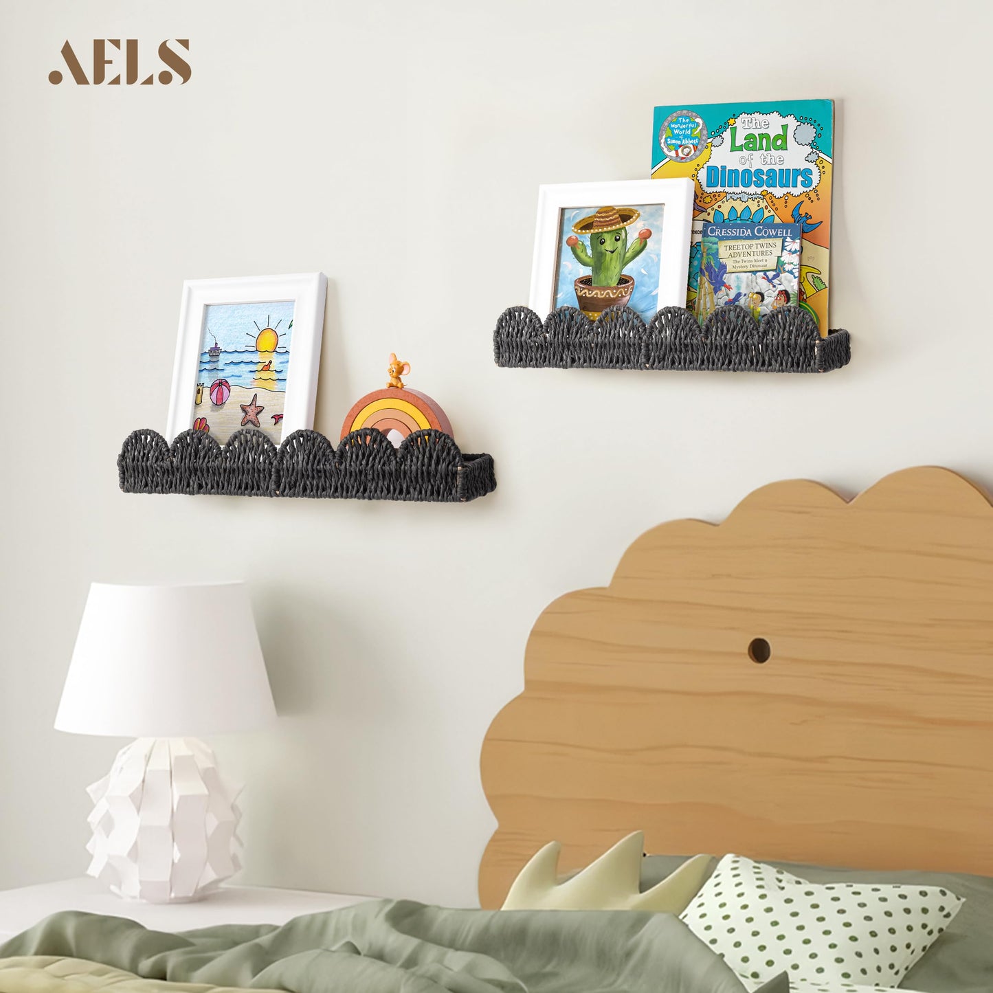 AELS Scalloped Nursery Bookshelf, Set of 2, Picture Ledge Shelf for Wall Decor, Woven Straw Paper Floating Shelves for Books, Toys, Photo Frames, Nursery, Boho Modern Farmhouse Book Shelf, Beige