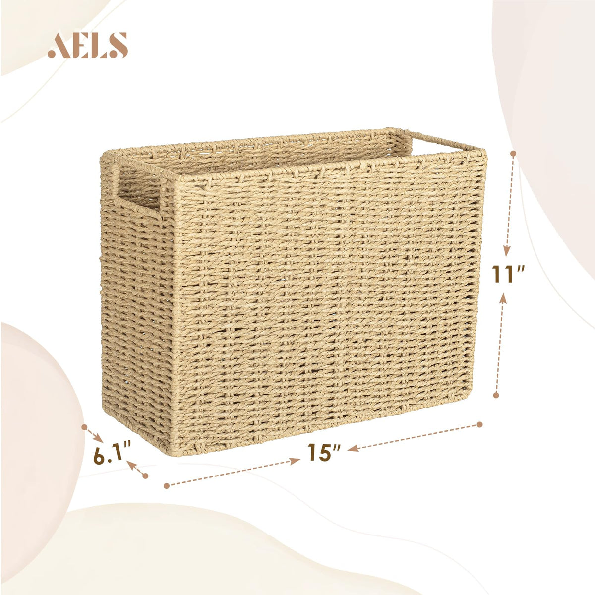 AELS Woven Natural Fibre Magazine Holder, Scalloped Edge Floor Magazine Rack, Hand-woven Organizer, Boho Modern Farmhouse Book Basket, File Newspaper Mail Holder for Office