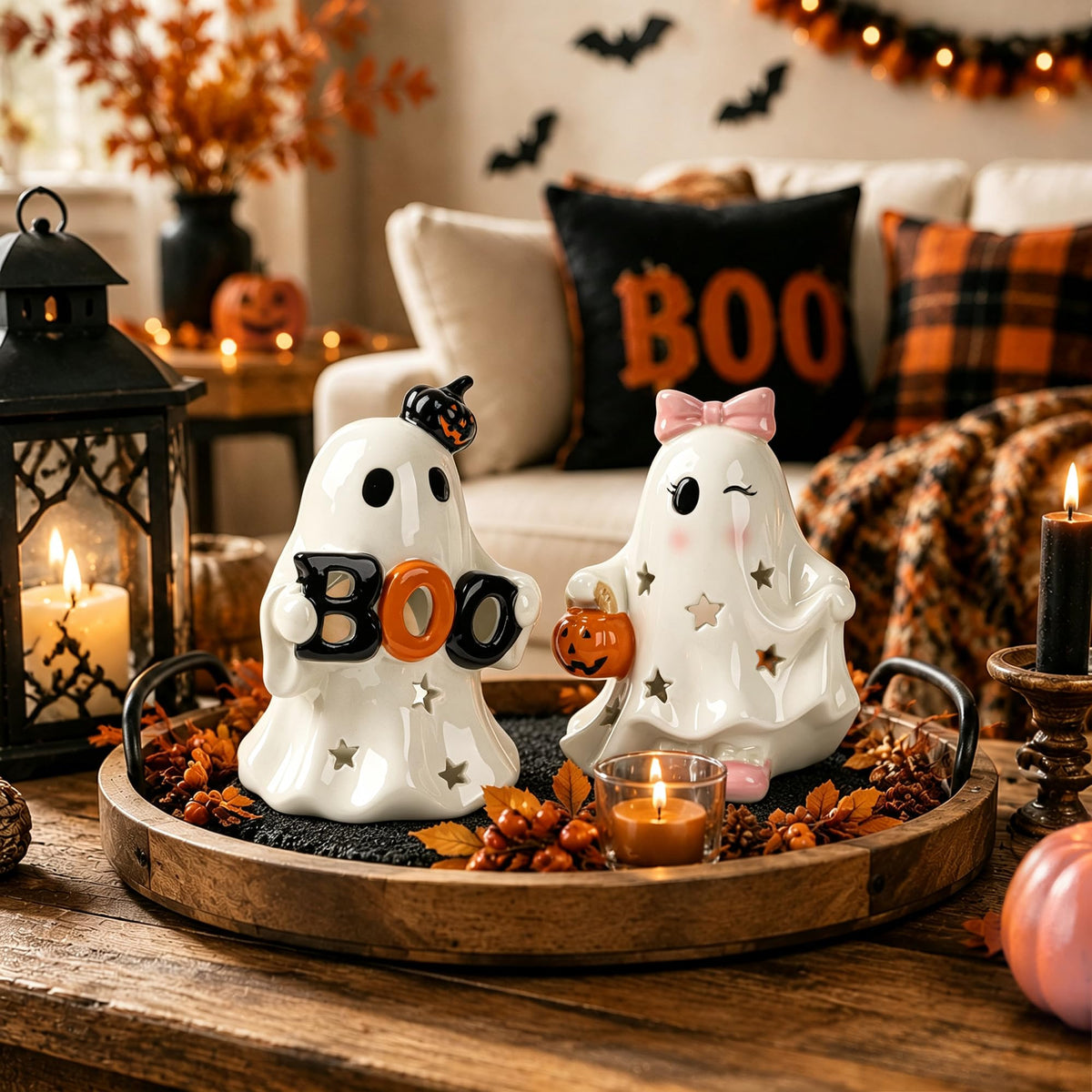 AELS Ceramic Ghost Candle Holder Set of 3, Halloween Tea Light Decor