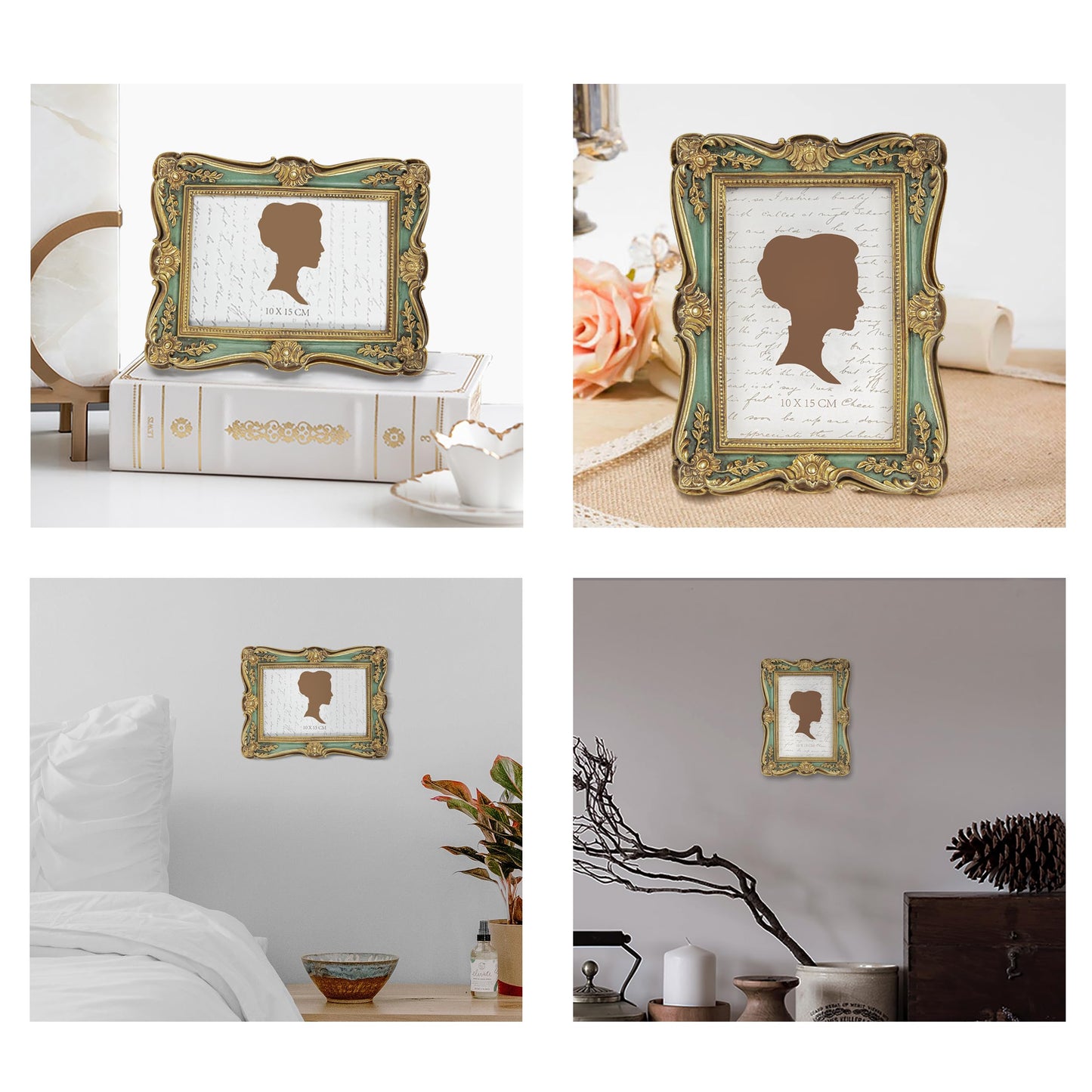AELS 4x6 Inch Vintage Picture Frame, Elegant Antique Photo Frames with Glass Front, Photo Display, Tabletop Wall Hanging, Gift Ideas, Gold and Green