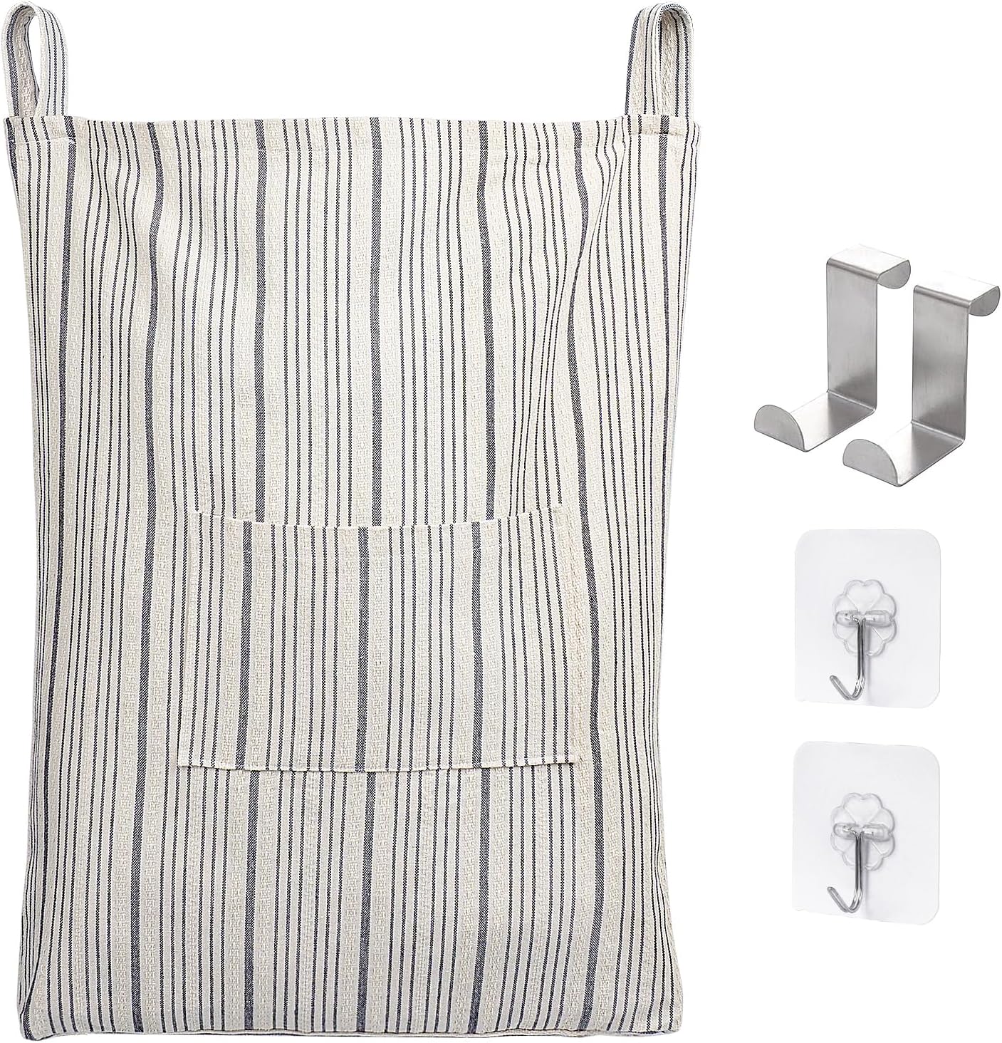 Farmhouse Hanging Laundry Hamper with 2 Hooks, Washable Beige & Stripes Laundry Bag with Zipper & Wide Open Top, Over the Door Organizer for Dirty Clothes, Space Saving Storage