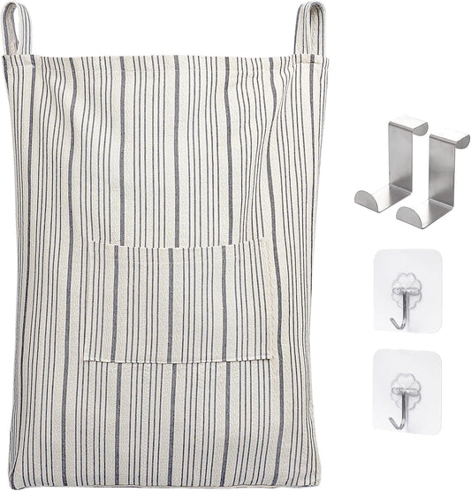 Farmhouse Hanging Laundry Hamper with 2 Hooks, Washable Beige & Stripes Laundry Bag with Zipper & Wide Open Top, Over the Door Organizer for Dirty Clothes, Space Saving Storage