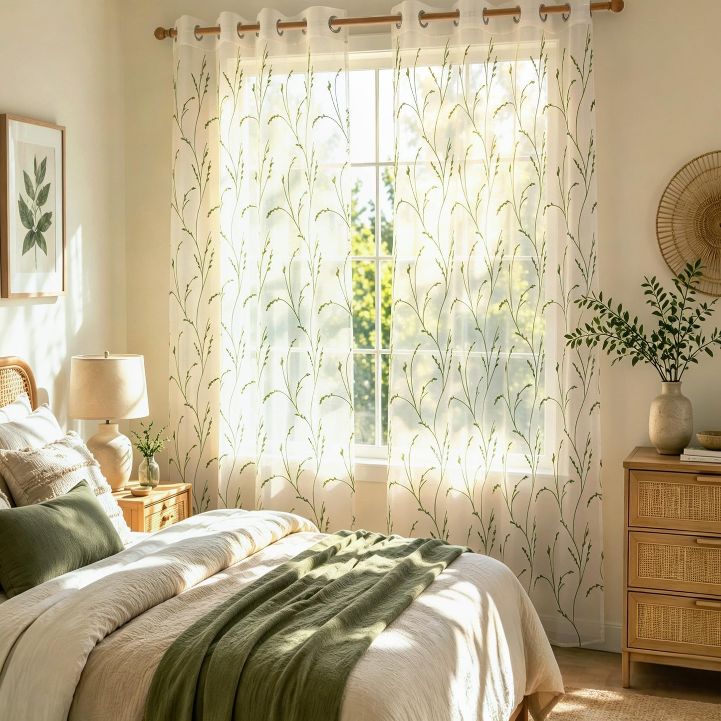 Semi White Sheer Curtains 84 Inches Long 2 Panels Set, White Stem | Embroidered Leaf Patterned Voile Window Treatments for Living Room Bedroom, Airy Light Filtering Grommet Curtains 52"W x 84"L